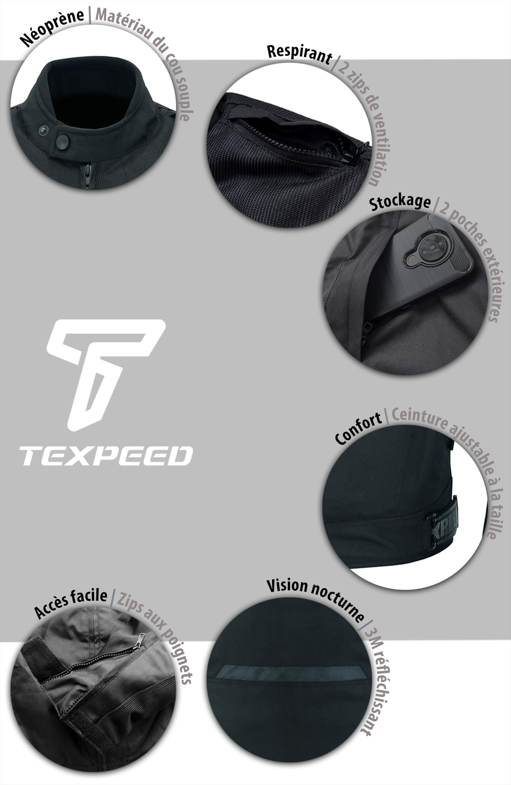 Texpeed veste textile homme homologué avec protection - Cordura Été/hiver blouson scooter motard imperméable avec armure CE (EN 1621-1) - Noir - L