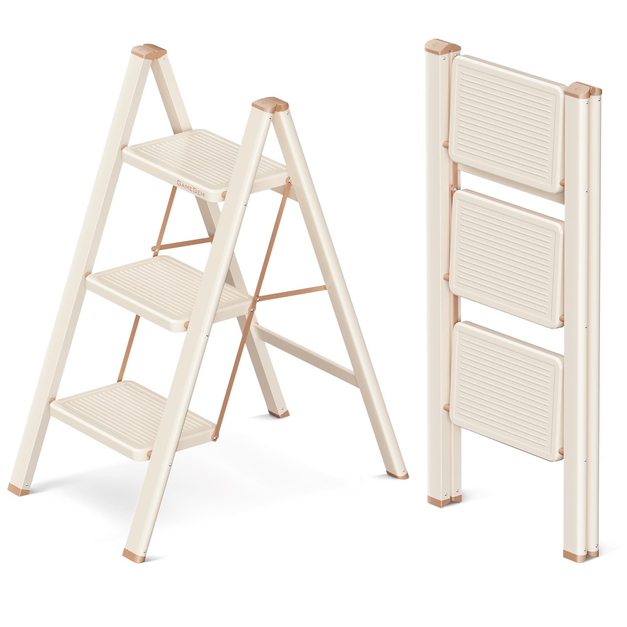 Escabel de 3 Peldaños para Adultos, Escalera Plegable con Base Antideslizante, Peldaños Ampliados, Diseño Estético Que se Integra Perfectamente en Interiores Domésticos