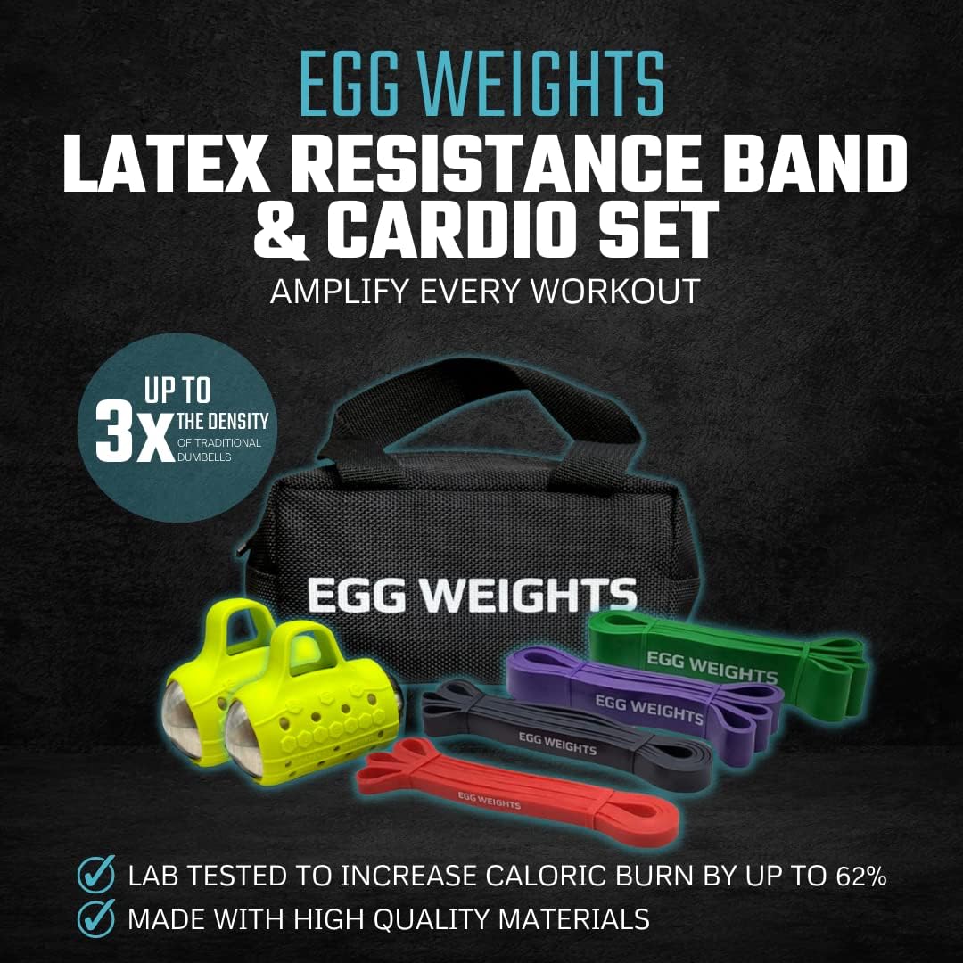 Egg Weights Cardio Max 3.0 lb Hand Dumbbell Set of 2 (1.5 lb Each Egg Weight) + Latex Resistance Bands Bundle for Fitness, Workout, Shadowboxing, Yoga, and More for Men and Women