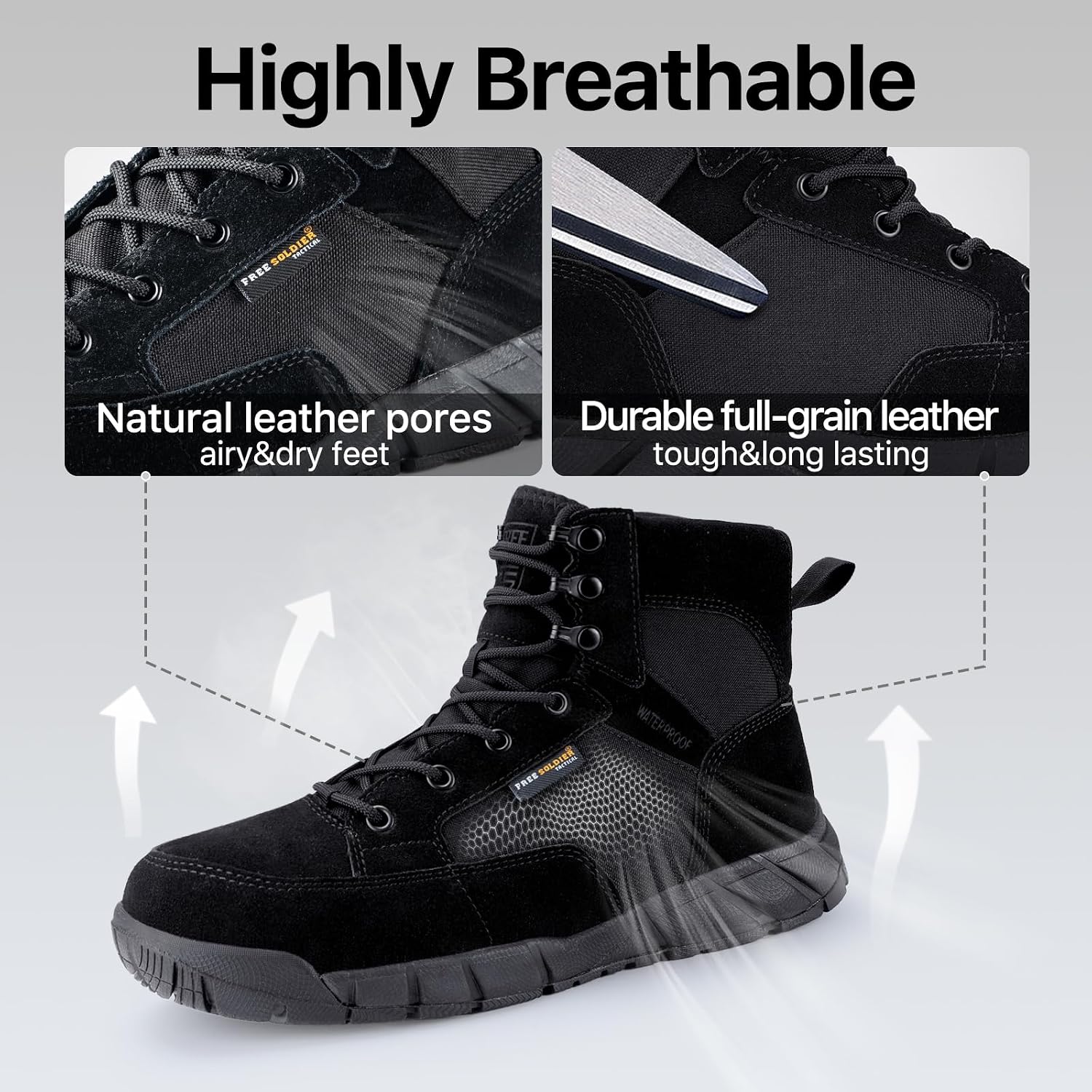 FREE SOLDIER Men's Durable Work Boots 6 Inches Lightweight Waterproof Hiking Boots Suede Leather Tactical Boots