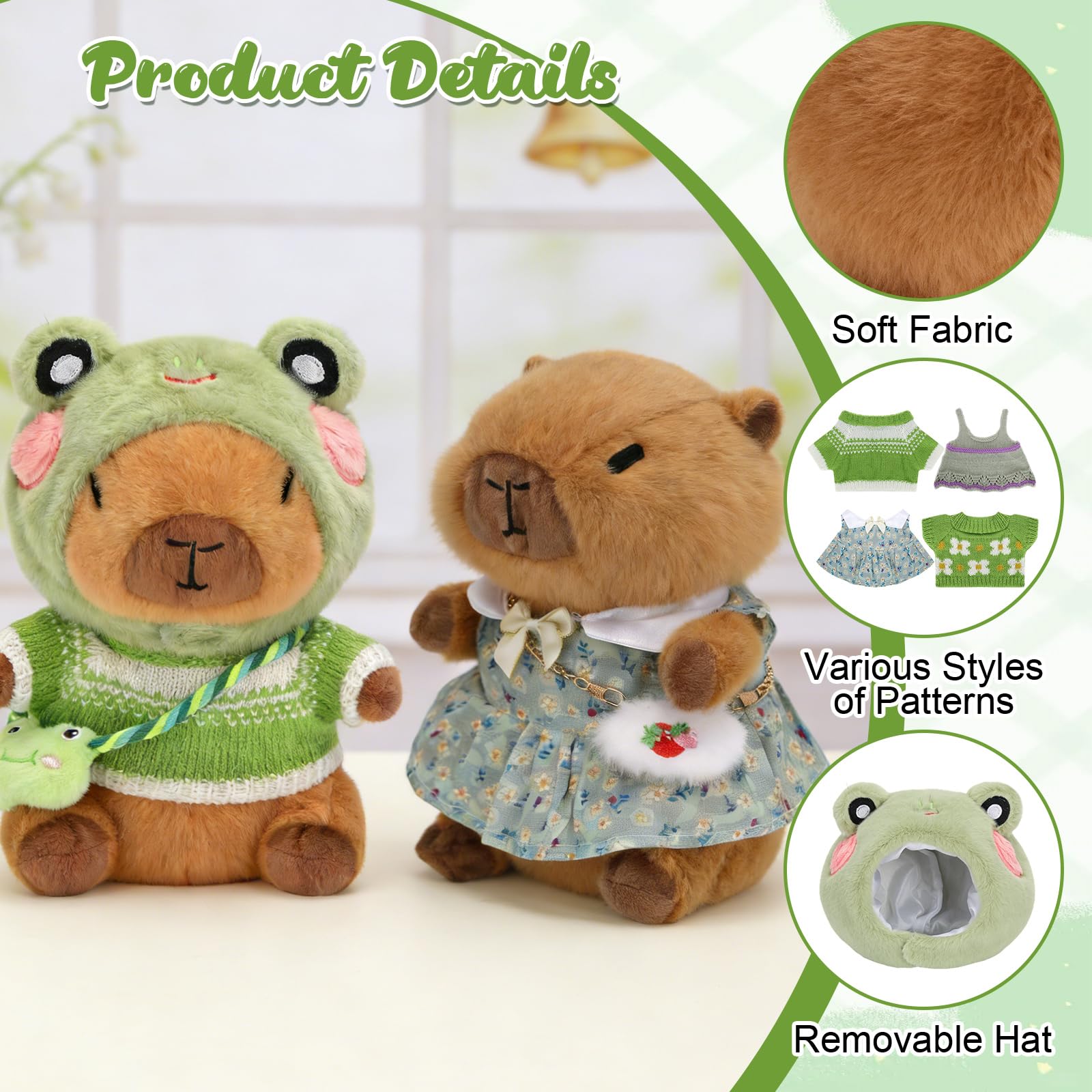 Capibara Peluche con Ropa Sombrero 9 Piezas Simulación Carpincho Peluche Kawaii Capybara Peluche de Capibara Animal de Peluche Carpincho Juguete de Peluche Capybara Regalo para Niños y Niñas