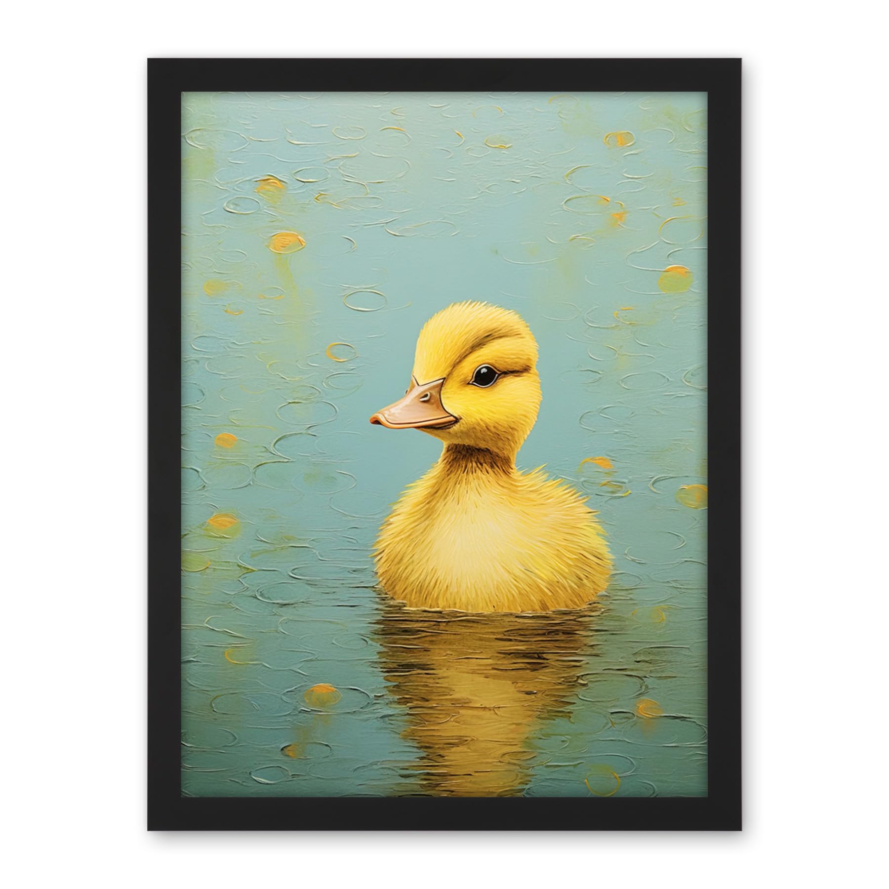 Artery8 Duckling on the Water Oil Painting Yellow and Duck Egg Blue Baby Artwork Framed Wall Art Print 18X24 Inch