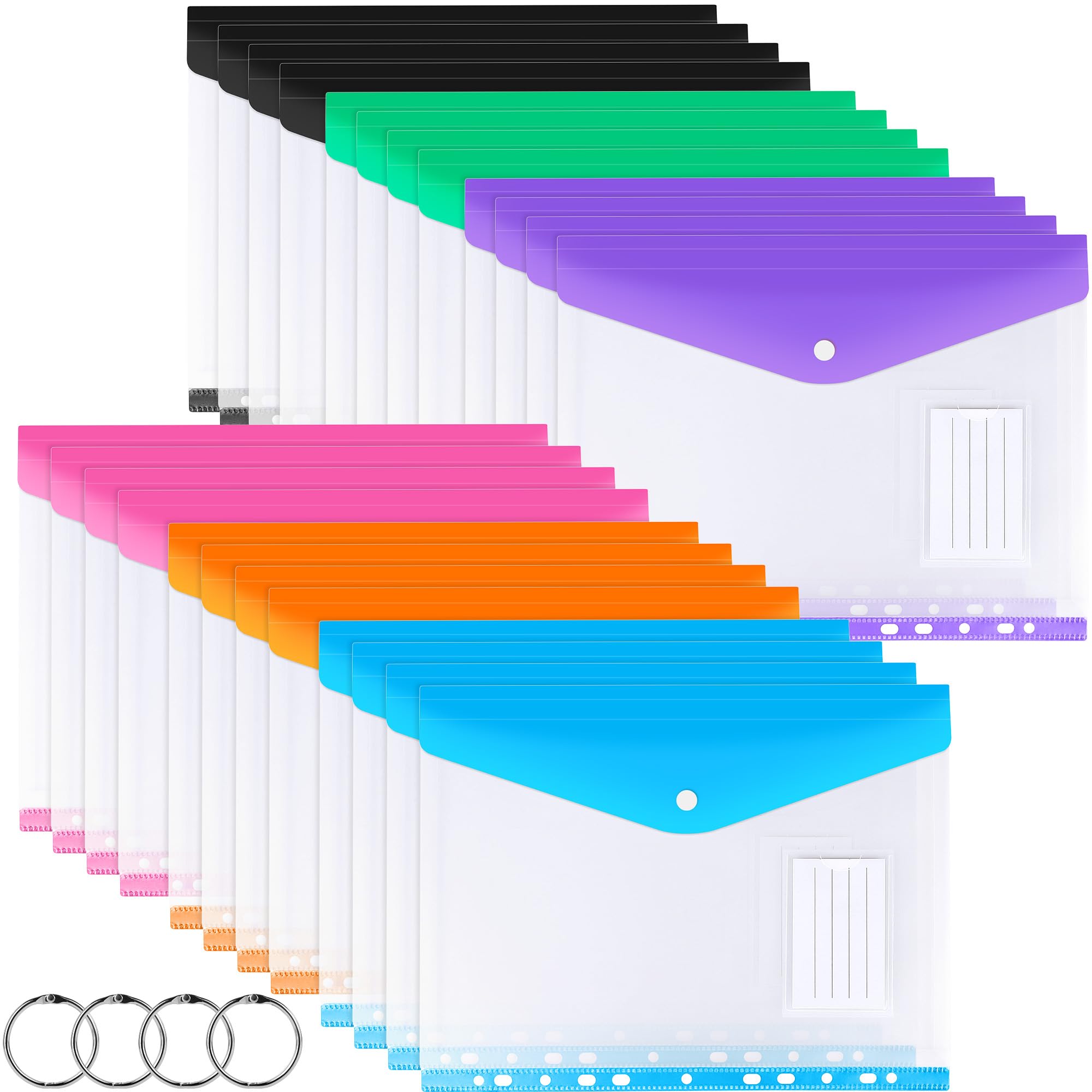 Punched Pockets A4 Plastic Wallets 24 Pack A4 Folders Wallets Plastic Document Files Popper Wallet with Pocket, Tab Card and 3-Ring Binders for School, Office, Home and Travel (6 Neon Colors)