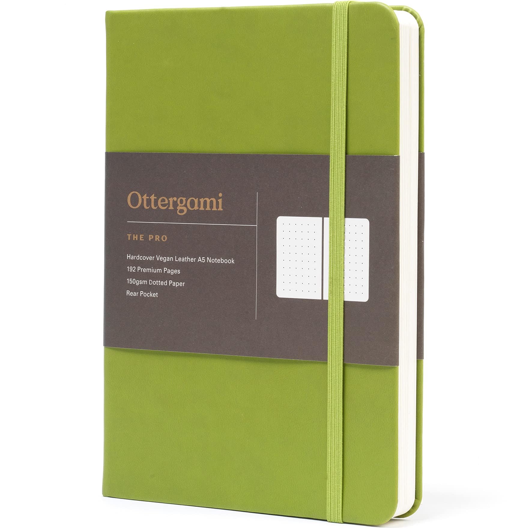 Ottergami Cuaderno de puntos A5 tapa dura. El cuaderno de apuntes Pro Bullet Dot Journal. Cuaderno de 144 páginas de papel grueso de 150 gsm. Lujosos cuadernos de piel vegana. Verde
