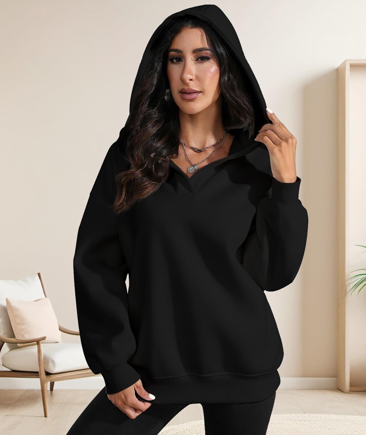 Oversized Hoodies For Women Casual V Neck Sweatshirt Fall Winter Fashion Long Sleeve Pullover Hoodie With Pockets - Image 4