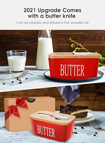 Miniatura 3 de Contenedor de mantequilla de cerámica grande con cuchillo, sostiene hasta 2 utensilios, con tapa de bambú y acero inoxidable de doble capa de