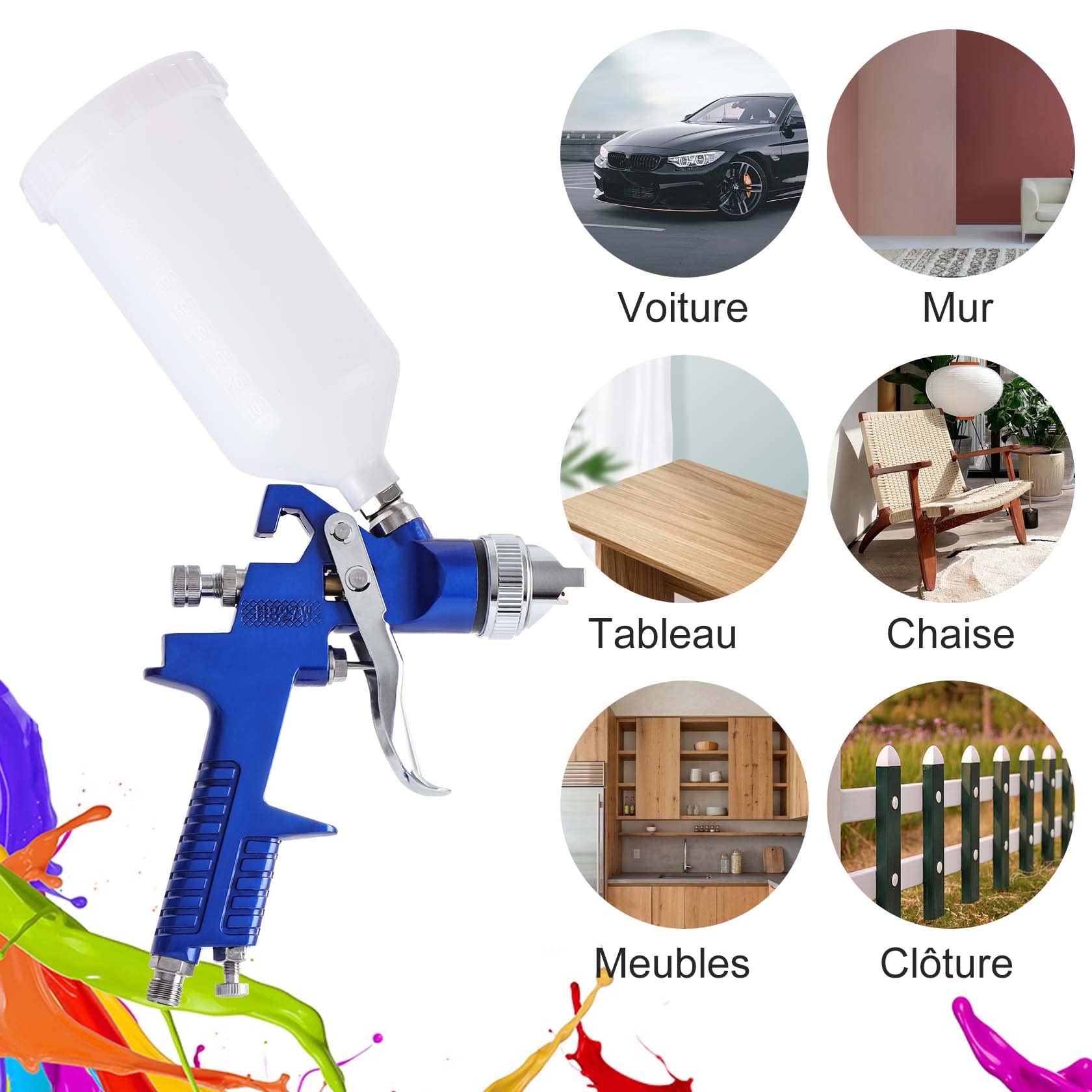 Pindex HVLP Vernice Pistola à Spruzzo con 4 Ugelli 1,4 1,7 2 2,5 mm, HVLP Gravità Pistola à Spruzzo d'Aria con 1000 ml Contenitore per Mobili Recinzione Parete Giardino,Blu