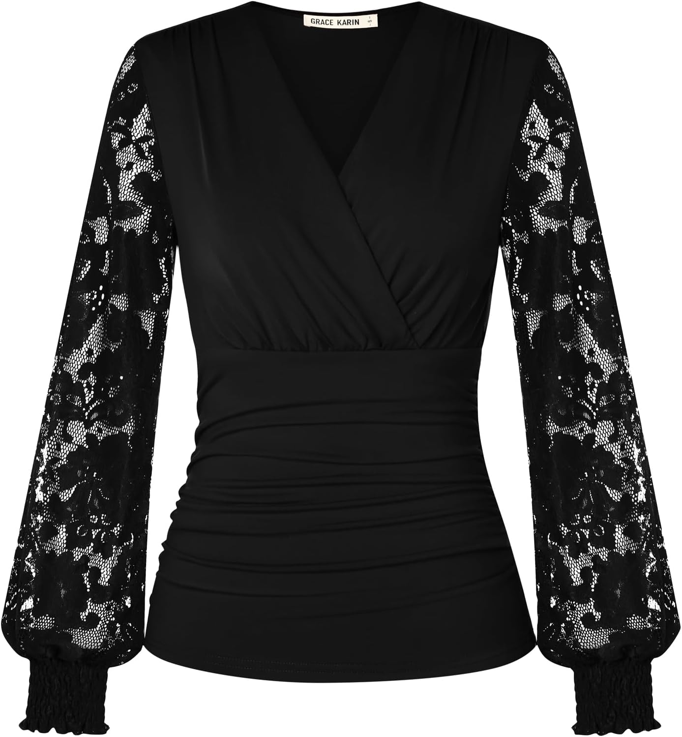 GRACE KARIN Damesblouse met lange mouwen, elegante wikkel, V-hals, ruches, tuniek, blouse, casual, vintage, blouse, shirt voor avond, Rood, XXL