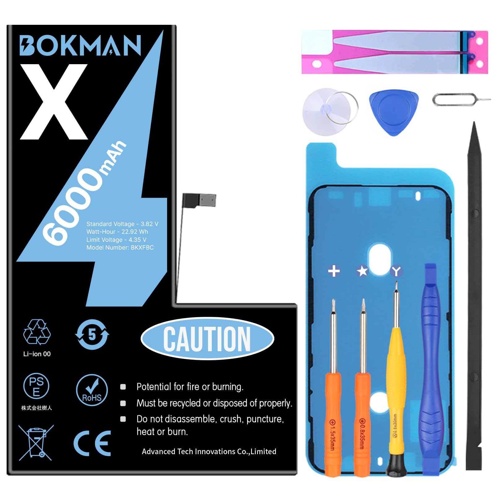bokman Batteria per iPhone X, Batteria Interna di Ricambio ad Alta Capacità con Kit di Riparazione, Strumenti e Strisce Adesive, Compatibile A1865 A1901 A1902