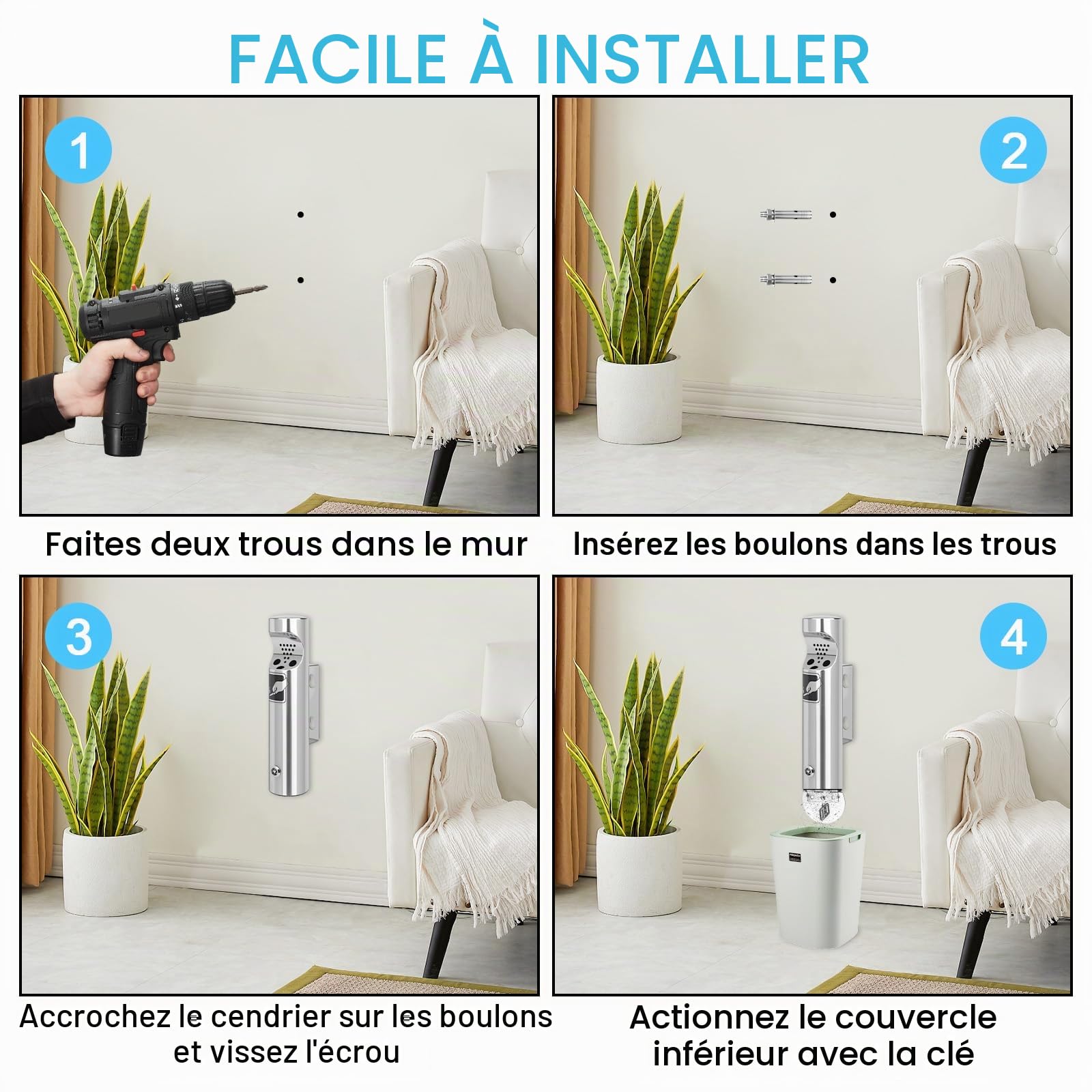 Cendrier mural pour extérieur, 28,5 x 6,5 cm, en acier inoxydable, avec matériel de montage, clé, résistant aux intempéries, pour terrasse, jardin, bureau, hôtel, rue