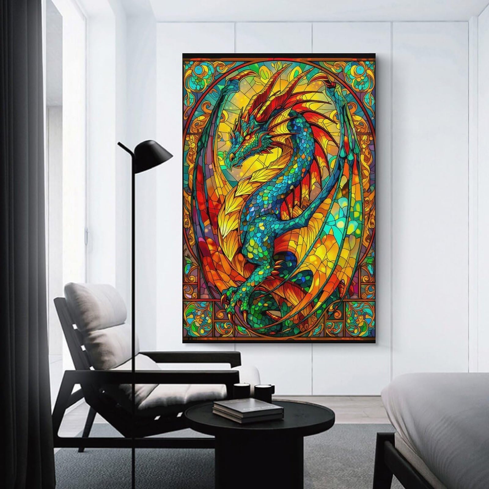 Junmoney Unframe-Style-5 Stained Glass Dragon Home Decor Wall Art 20X30inch(50X75cm), For Lounge, Study, Hallway Or Flat Walls, Stylish Home Artwork For Focal Walls