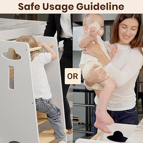 Miniatura 8 de COSYLAND Torre ajustable de pie para niños pequeños de 33.5 pulgadas, taburete estable de cocina para niños con barra transversal protectora,