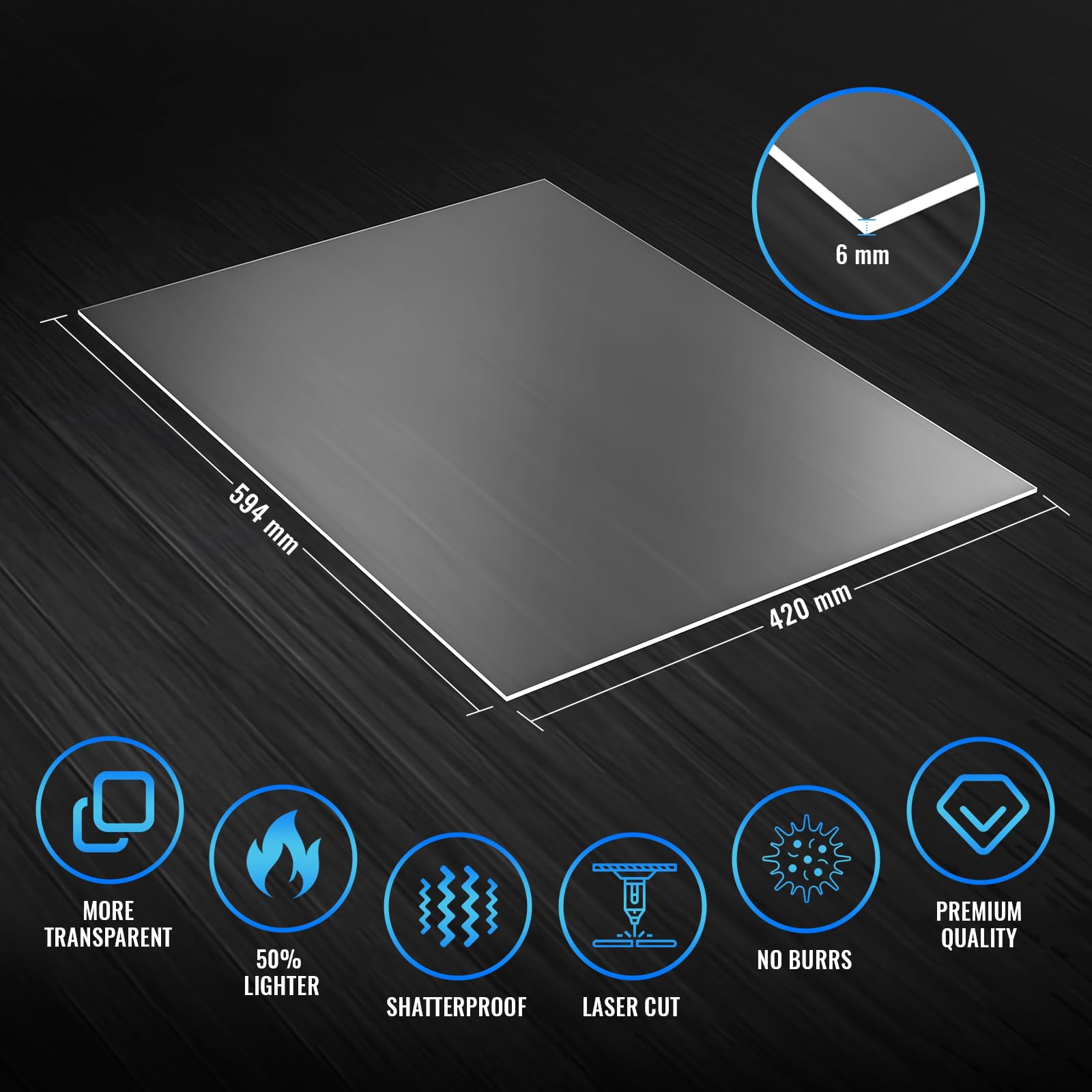 Acrylglas Platte Transparent 6 mm, DIN A2 (420 x 594 mm) Zuschnitt Scheiben ultra klare Acrylplatte für Laserschneiden, Glasersatz, DIY- und Handwerksprojekt
