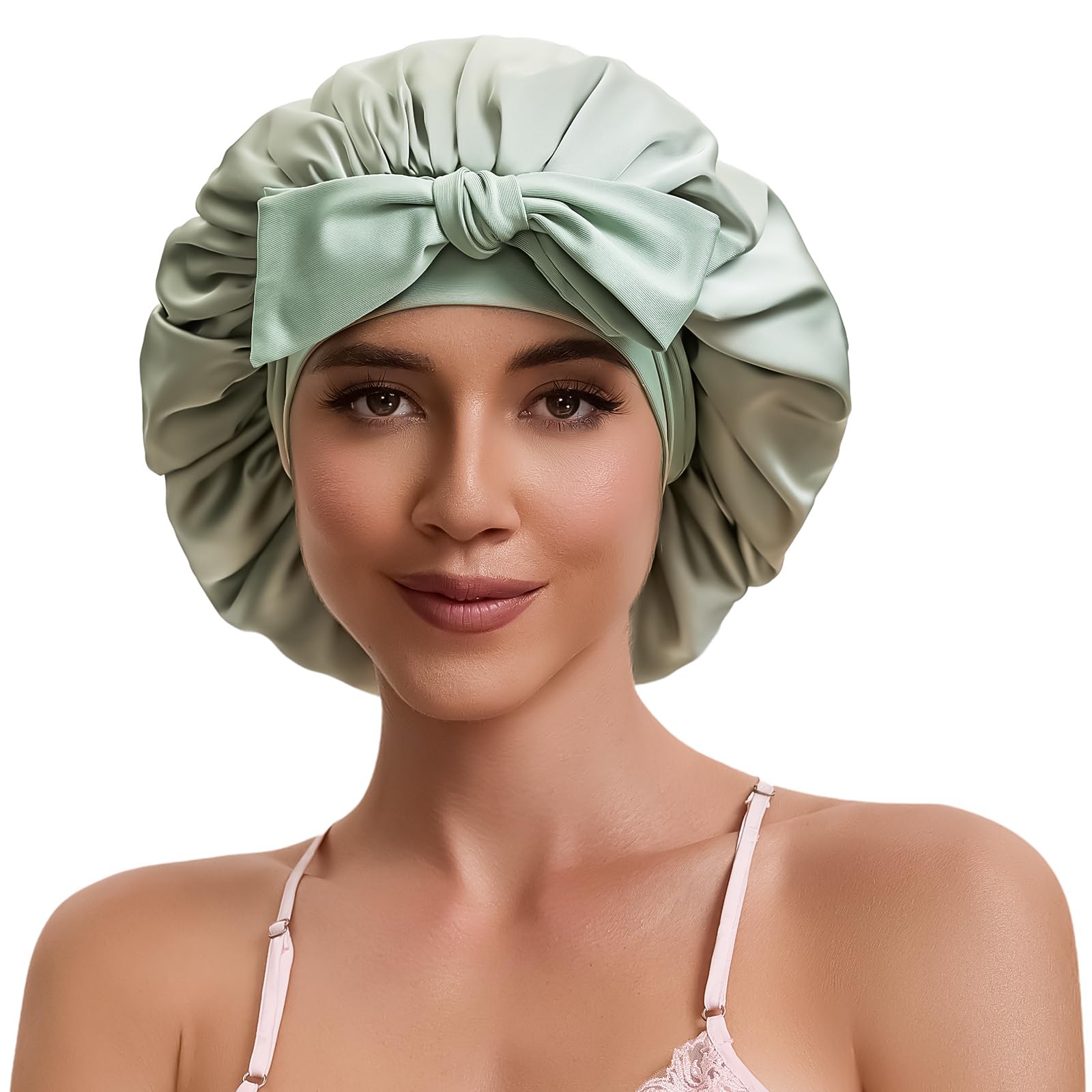 Tie Band Silk Satin Bonnet for Sleeping Hair: Women Sleep Night Wrap Cap for Straight Wavy Curly Coily Kinky Natural Hair Head - Matcha Green