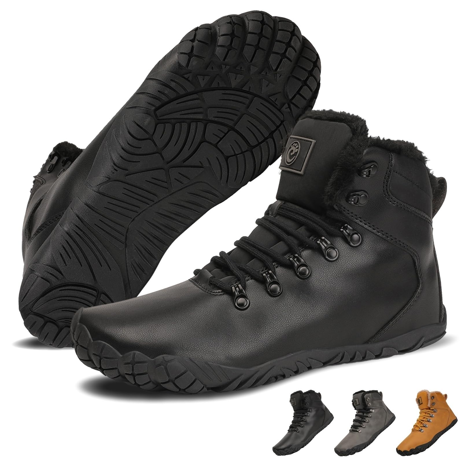 VEXITO Barfuss Schuhe Damen Winter Leder Barfußschuhe Herren Wasserdicht Wasserfest Winterstiefel Warm Gefüttert Stiefel Stiefeletten Winterboots Breit Kurzschaft Schwarz Gr.38