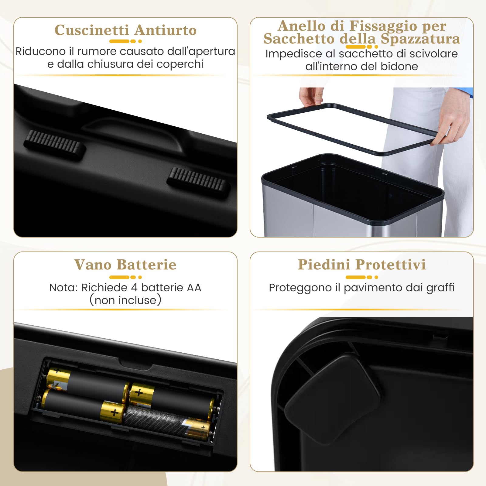 COSTWAY 60L Cestino per Rifiuti con Coperchi a Ali, Pattumiera in Acciaio Inox Spazzolato con Sensore di Movimento a Infrarossi, Bidone Automatico per Camera da Letto, Bagno e Cucina (Nero)