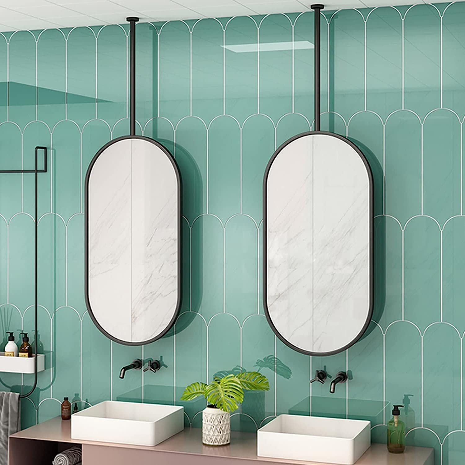 Miroir suspendu ovale 50x70cm avec perche et cadre métal