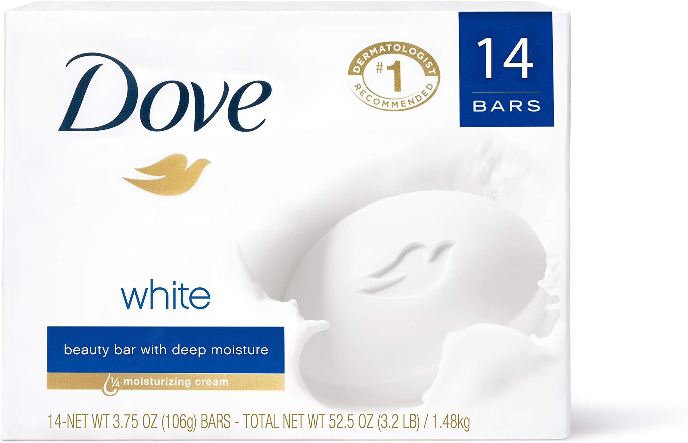 Beauty Bar Gentle Cleanser for Softer and Smoother Skin with 1/4 Moisturizing Cream White More Moisturizing than Bar Soap, 3.75 oz, 14 Bars