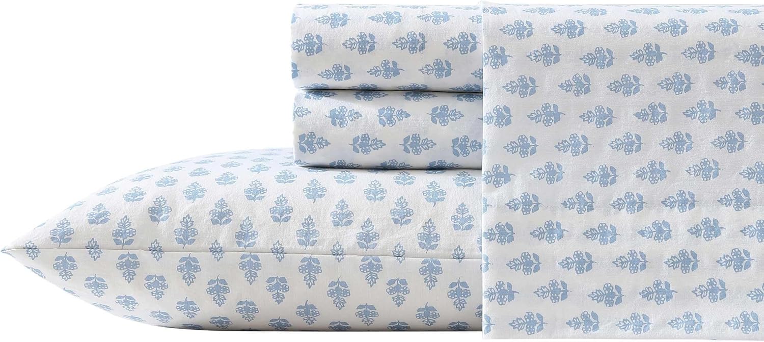 Laura Ashley - King Sheet Set, Crisp & Cool Cotton Percale Bedding with Deep Pockets, Lightweight for Year Round Comfort, Bed Sheets with Matching Pillowcases (Francesca Blue)