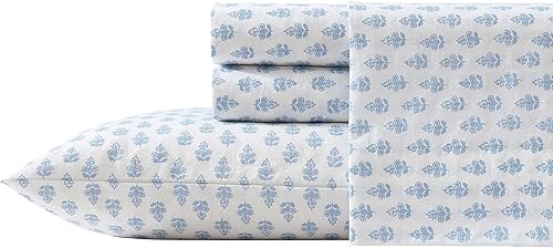 Laura Ashley Juego de sábanas tamaño King, ropa de cama de percal de algodón vigorizante y fresca con bolsillos profundos, ligera para comodidad
