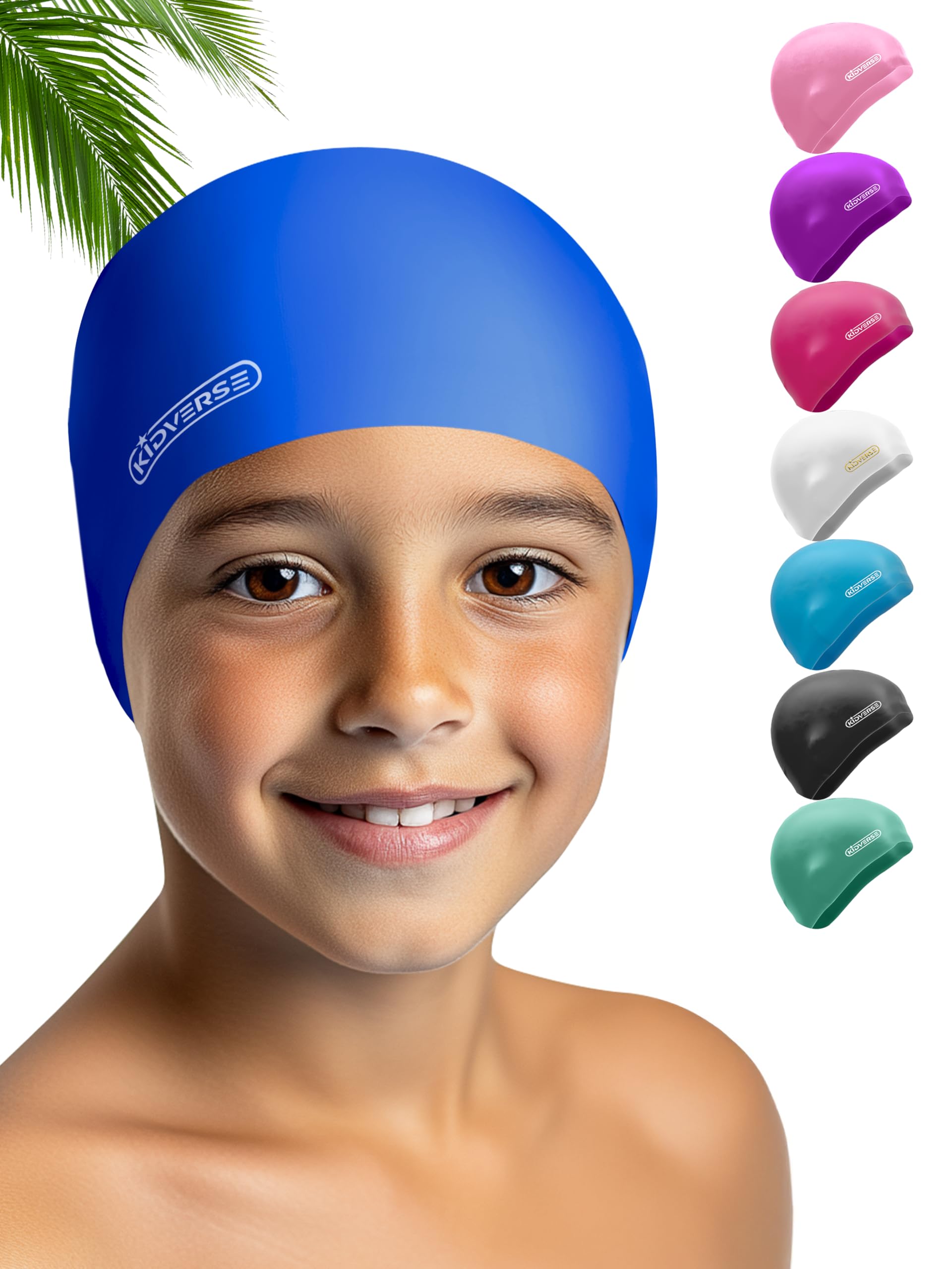 KIDVERSE Waterproof Kids Swimming Cap for Girls & Boys Swim Hat with Anti-Slip Grips - Comfortable Silicone Swim Cap Girls & Boys - Childrens Swimming Hat Kids with UV Protection