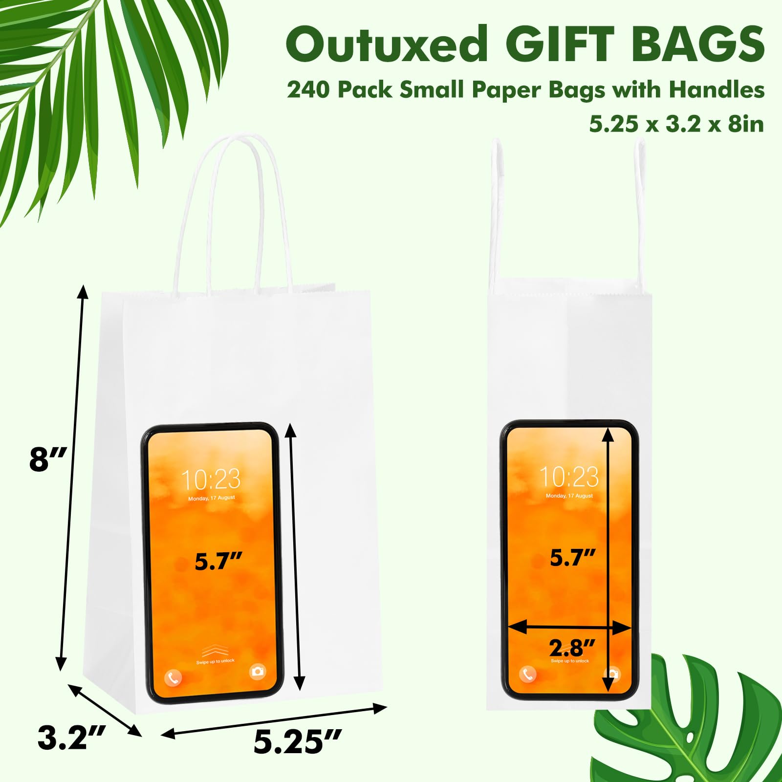 OUTUXED 240 bolsas de papel blancas con asas, 5.25 x 3.2 x 8 pulgadas, pequeñas bolsas de regalo blancas a granel para San Valentín, Navidad, compras, cumpleaños, bodas y fiestas de negocios
