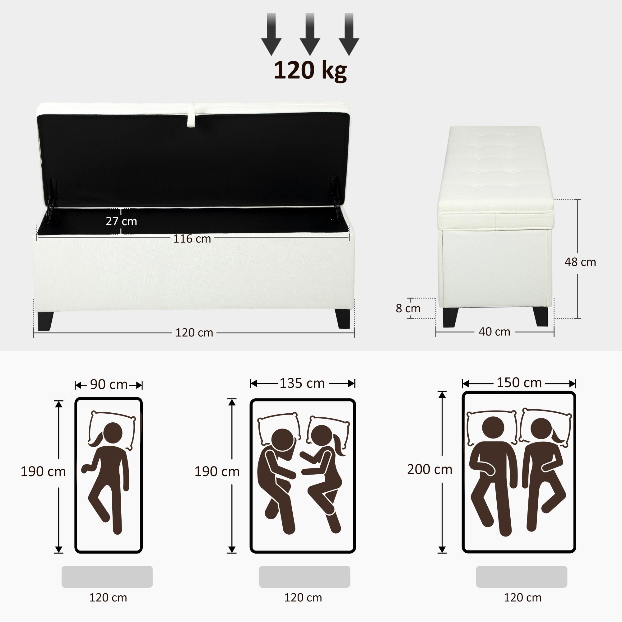 HOMCOM Panca portaoggetti 112L Panca da letto Cassapanca portaoggetti con seduta imbottita, tessuto di lino per soggiorno, camera da letto, ingresso, 120 x 40 x 48 cm, crema