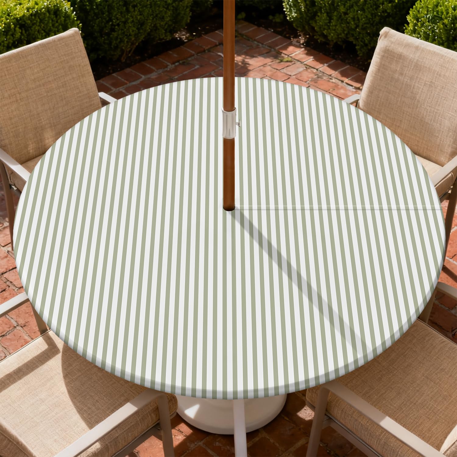 Photo 1 of COTAIL Round Outdoor Tablecloth with Zipper and Umbrella Hole, Fitted Table Cloth with Elastic, Oil Waterproof Tablecover for Patio Picnic Camping Garden Fits 45"-48" Round Table, Green Stripes