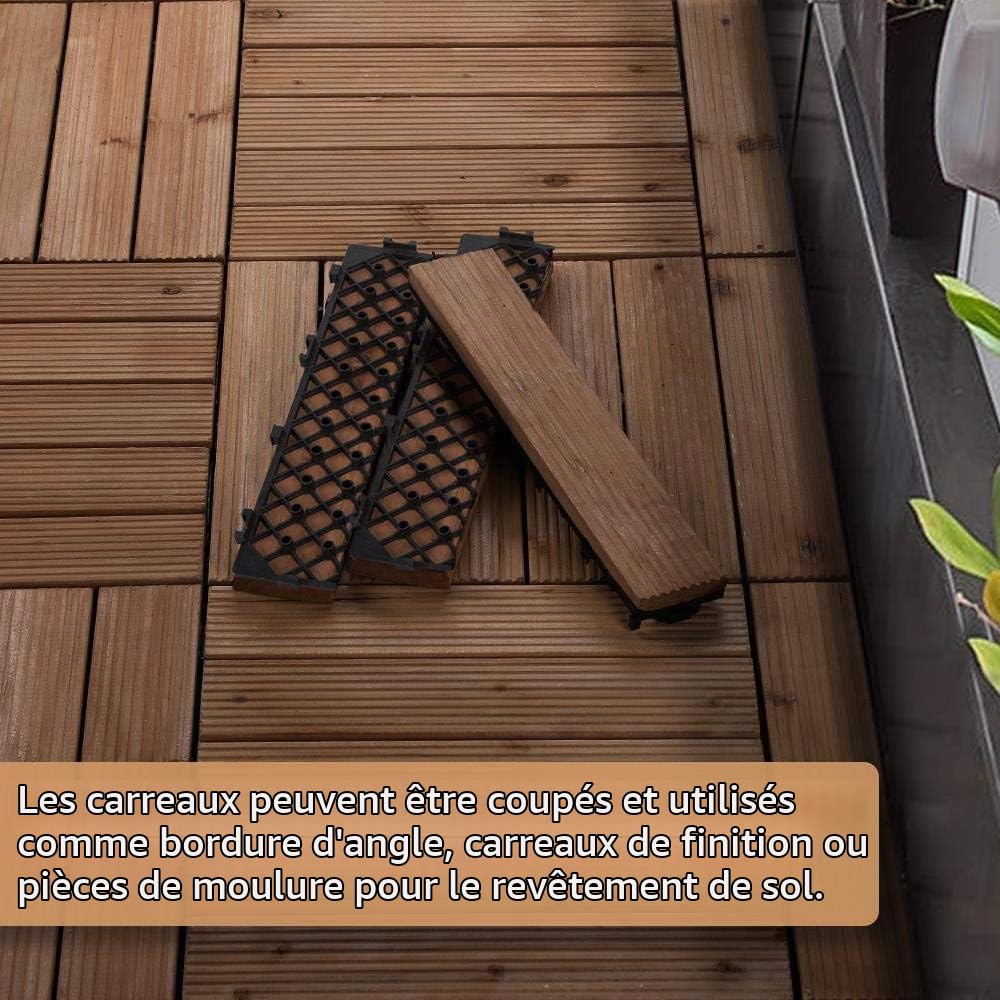 Yaheetech Lot de 11 Dalles de Terrasse Clipsable 30 cm × 30 cm, Dalles de Jardin en Bois de Sapin Convient pour 1 mètre carré, pour Intérieur Extérieur Patio Balcon Piscine 11 pièces