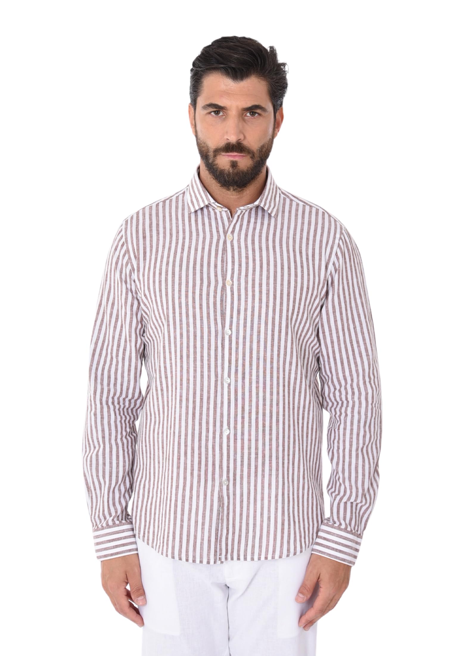 Camicia Lino Uomo a Righe Collo Francese Camicia Elegante Estiva Slim Fit