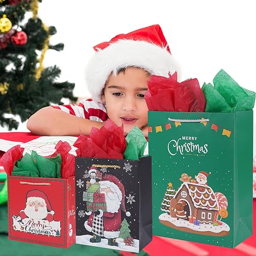 Miniatura 4 de Ranfashiong Bolsa de regalo de Navidad de 12 unidades con papel de seda, envoltura de Navidad con asas, juego a granel de Año Nuevo, regalos