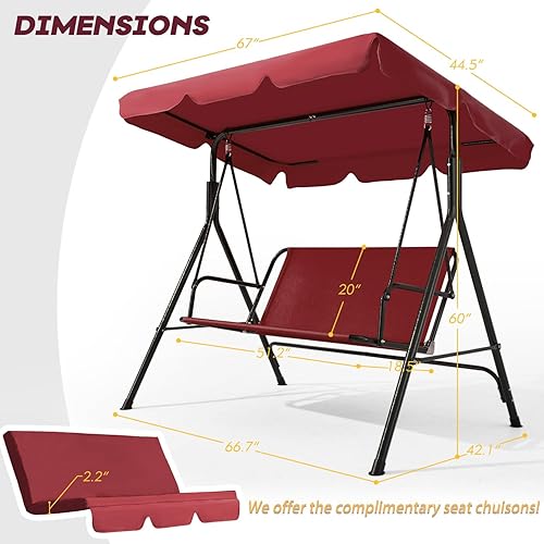 Miniatura 8 de Columpio de patio de 2 asientos, columpio al aire libre con cojines extraíbles, toldo ajustable para patio trasero, porche, jardín, asiento de tela,