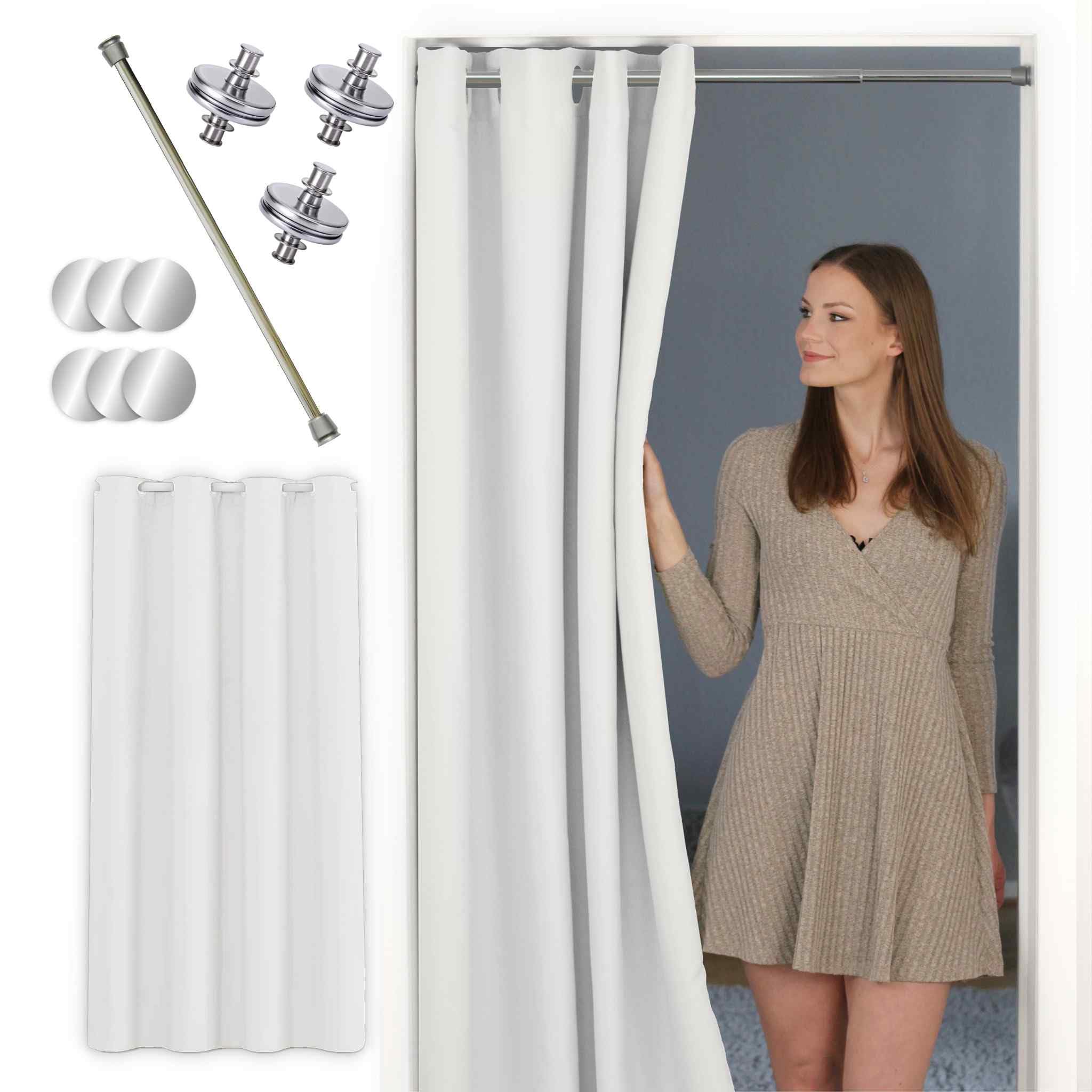 tinycurtains Türvorhang mit Vorhangstange & Magneten zum Abdichten, einfache Montage in nur 1 Minute ohne Bohren mit Silber Stange + 6 Magnete