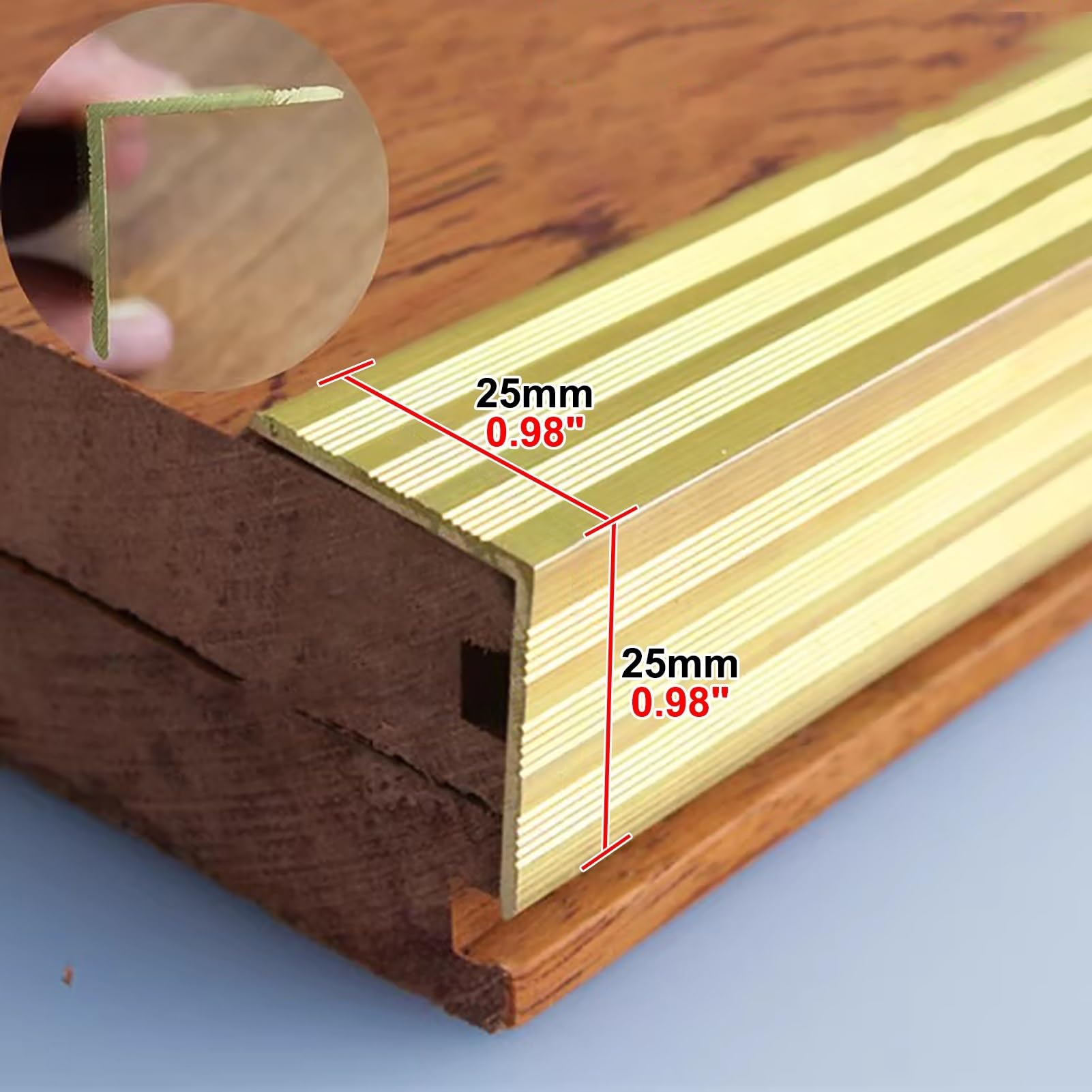Perfil de Transición Perfil Remate Latón Macizo Escaleras/Moldura Borde Escalera, Protector Borde para Peldaños Madera, Tiras Transición Forma L para Pisos, Oro(25x25mm(0.98x0.98"))