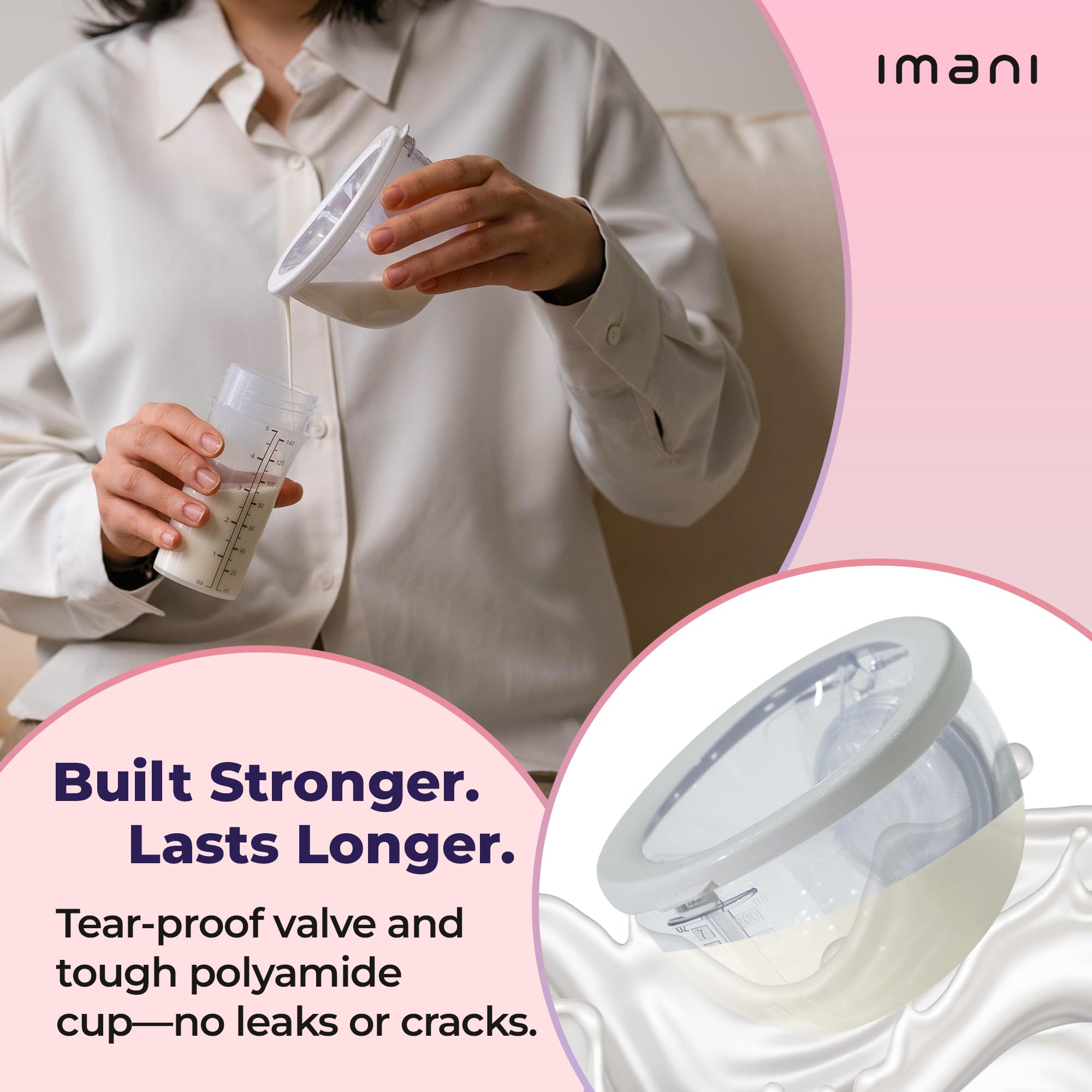 imani i2 Plus Pro Tiralatte doppio indossabile con doppia stazione di ricarica, mani libere, tazza in 2 parti, imbuto sagomato, capacità 200 ml, ricaricabile USB-C, batteria da 3,5 ore, senza BPA