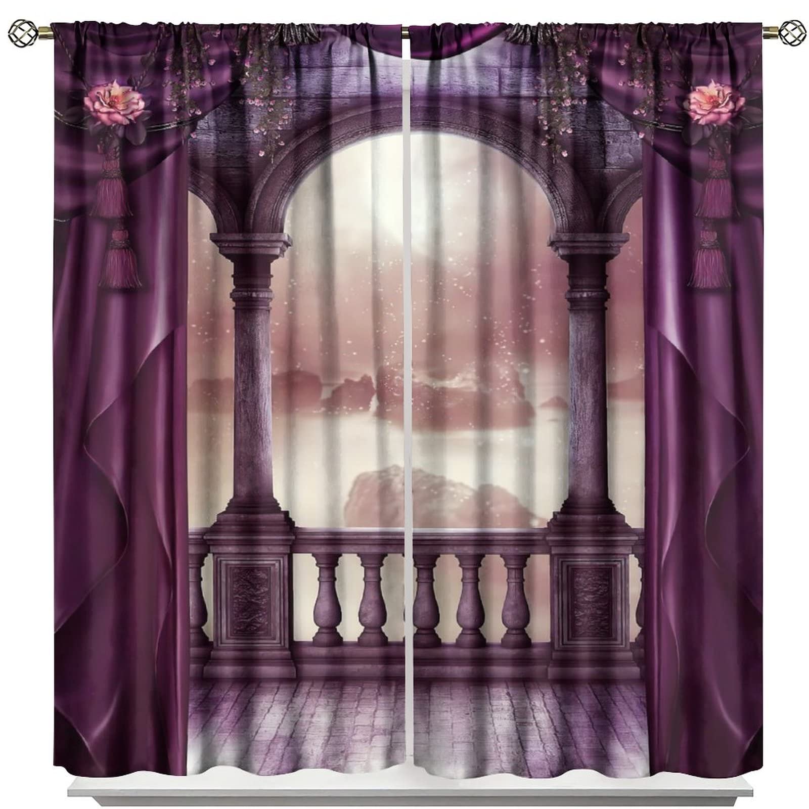 Purple Gothic Curtains,Romantic Roses Medieval Castle Night View Blackout Window Door Curtains for Bedroom Living Room Home Decor W72xL63in