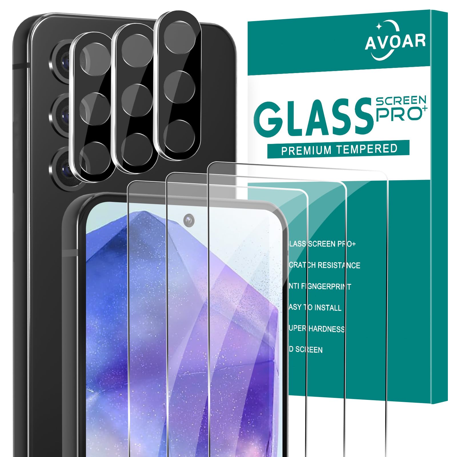 AVOAR [3+3 Pack Glass Screen Protector for Samsung Galaxy A55 with Camera Lens Protector, 3D Curved, 6.6 inch 2024 9H Temp...