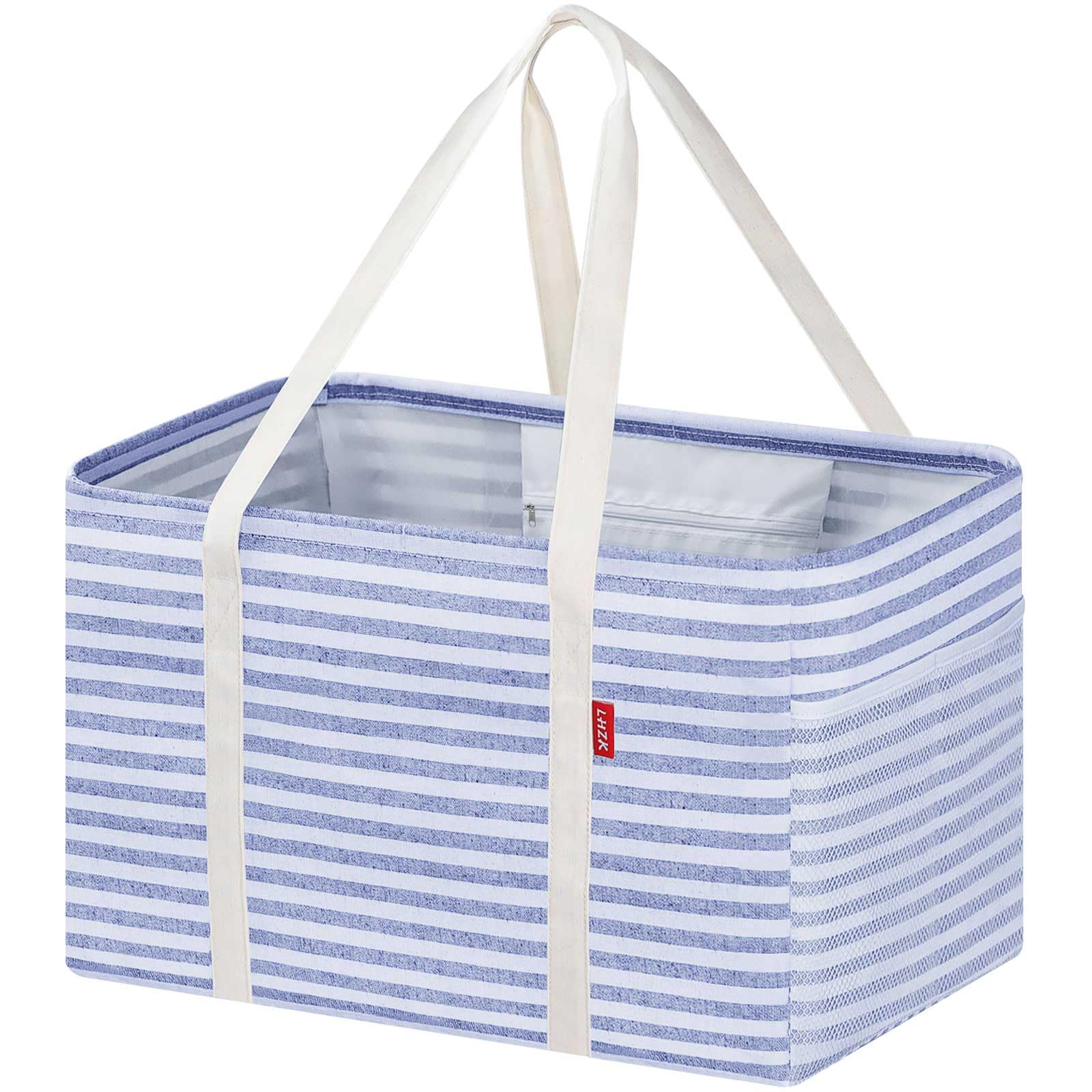LHZK Standing Utility Tote Bag with Metal Wire Frame and the Sides Rinforced, Large Tote Bag with Handle, Reusable Grocery Bags Foldable, Beach Bag, Car Tote (Blue, 18.5''x11.8''x11.5'')