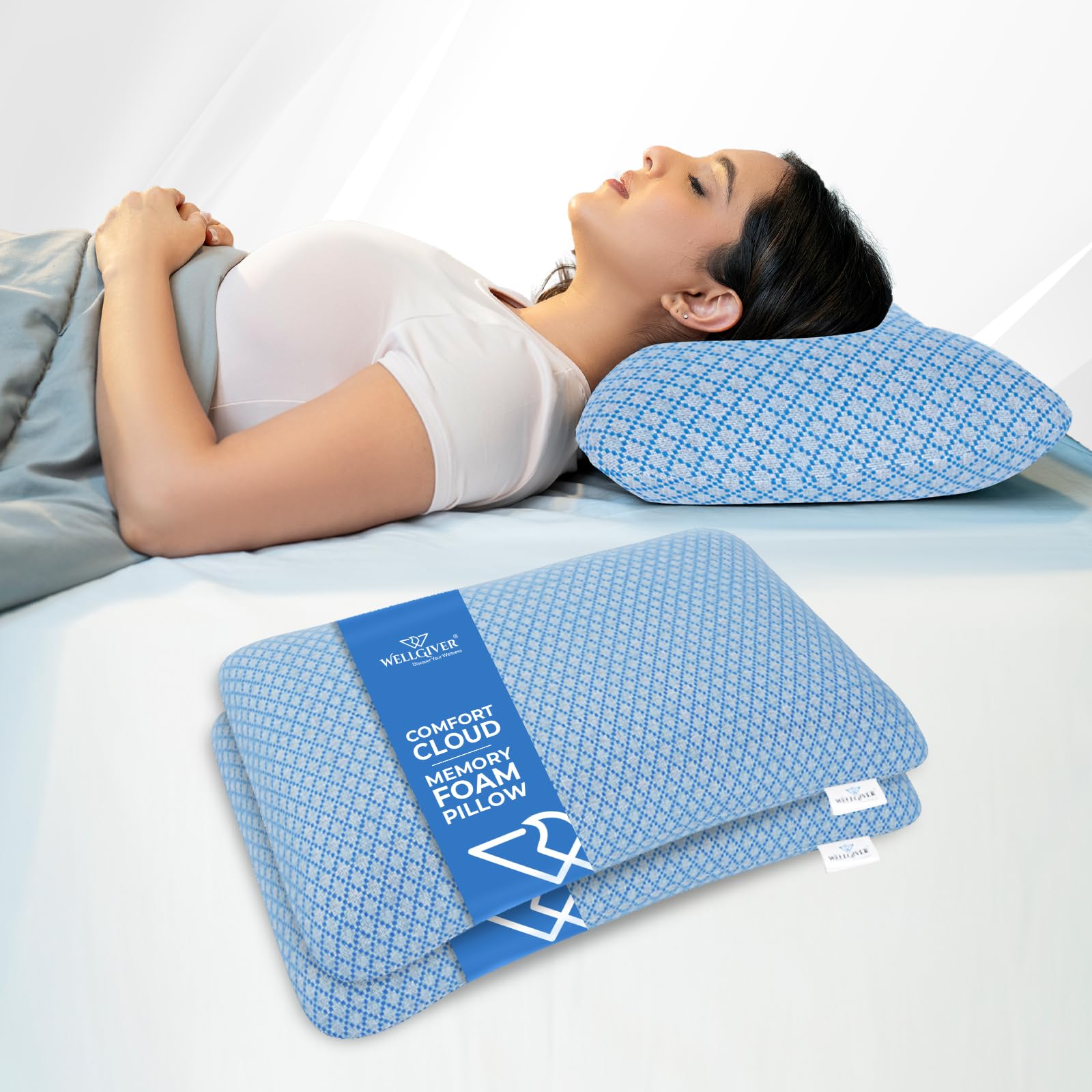 WELLGIVER Ergonomic Memory Foam Pillow for Neck Pain | 2 Years Warranty | 21 x 14 x 4.5 Inch | Orthopedic Pillow for Side Sleeping | Removable Washable Jacquard Blue Cover | Pack of 2