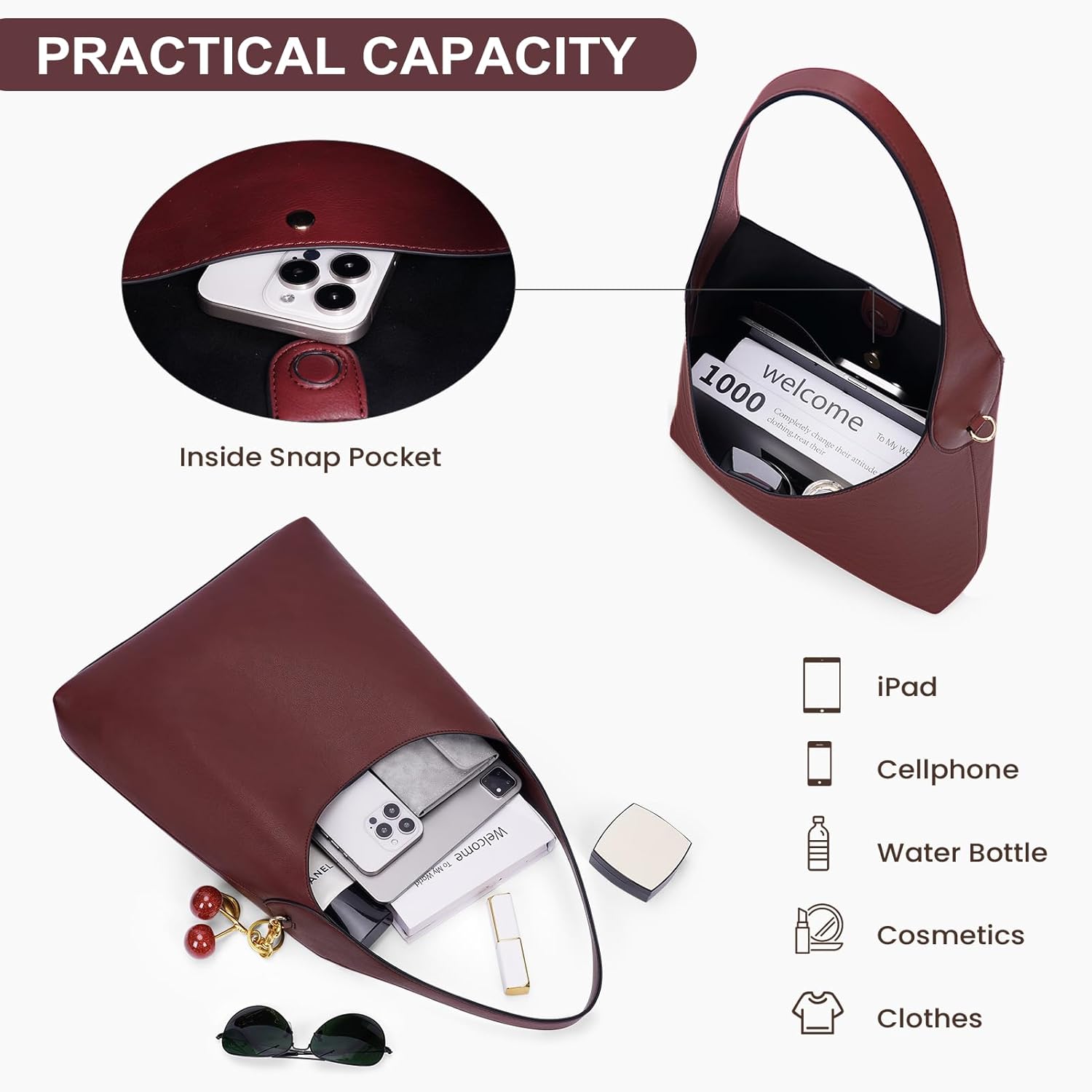 Faux Suede Hobo Bags Vegan Leather Shoulder Bag Tote for Women with Cherry Charm Slouchy Designer Handbag Purse Fall Fashion - Image 5