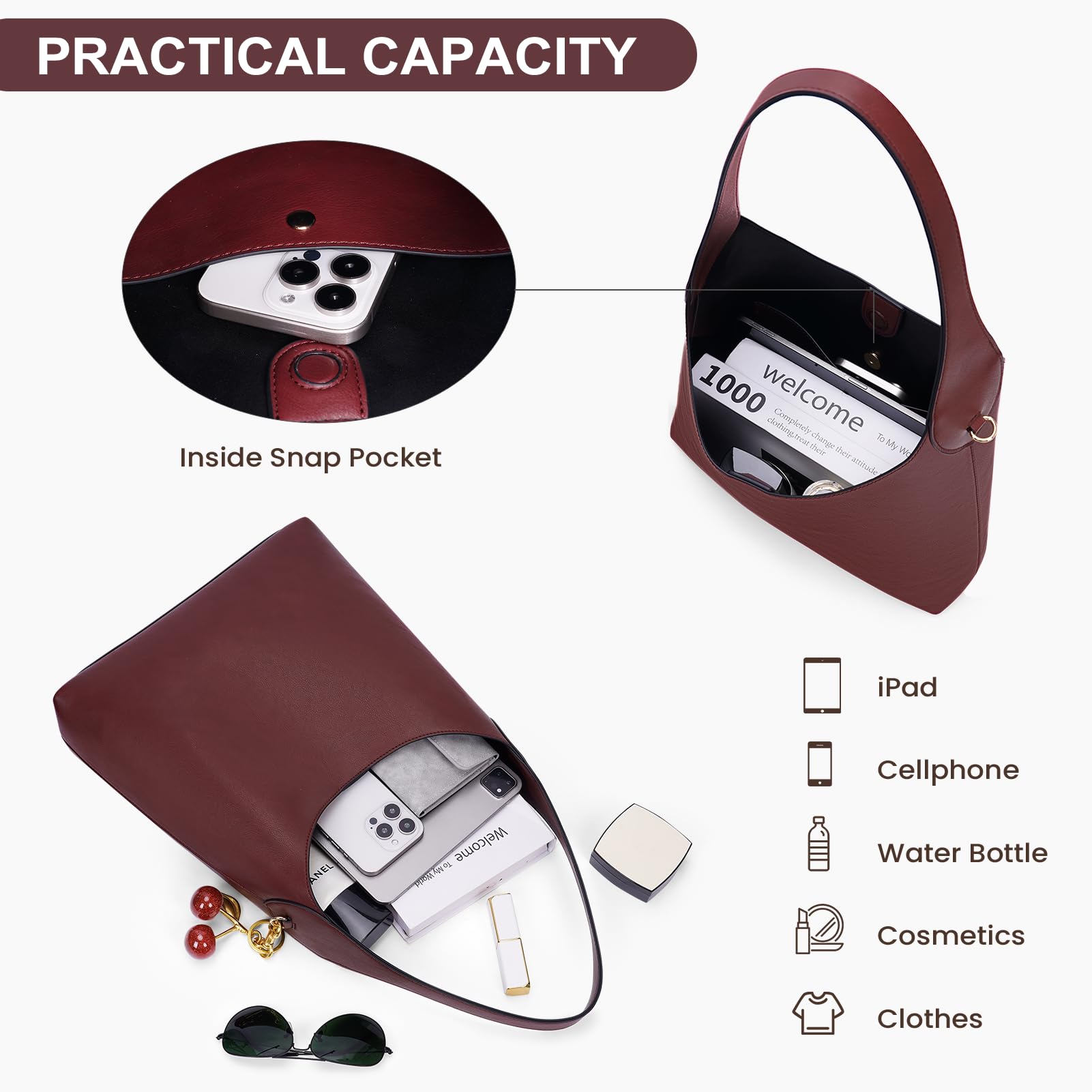 Bolsos hobo de gamuza sintética, bolso de hombro de cuero vegano para mujer, bolso mediano holgado de diseño, bolsos de mano de moda de otoño, Piel sintética, color burdeos