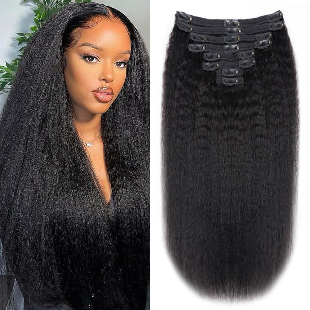 Tahikie Kinky Straight Human Hair Clip in Extensions 120g Full Head Clip ins for Women 100% Unprocessed Brazilian Virgin Human Hair Yaki Straight Clip