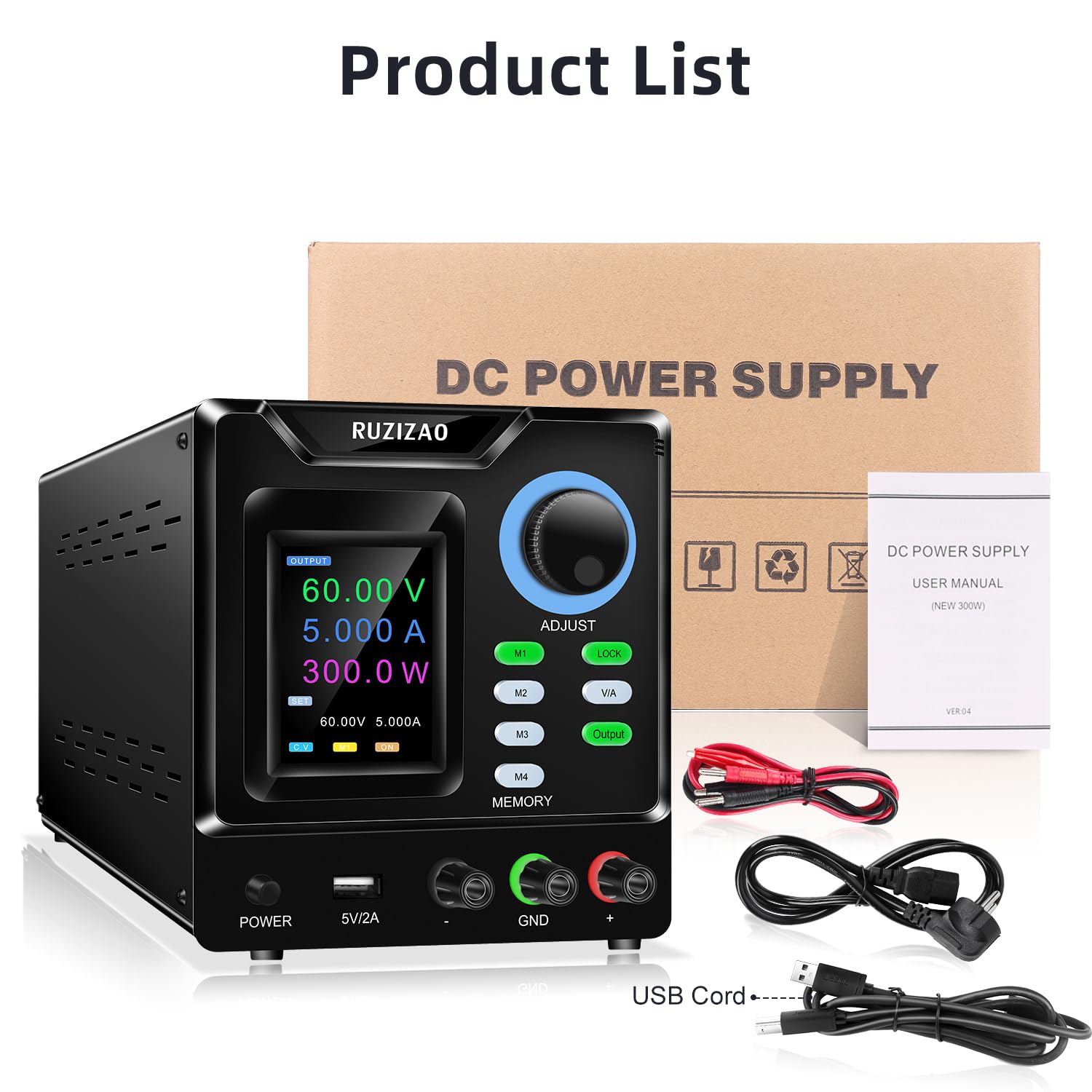 Alimentatore da Banco Programmabile 60V 5A, Alimentatore da Laboratorio con Memoria/OUTPUT/Encoder, Alimentatore Regolabile Variabile con Software, Pulsante di Blocco e Porta di Ricarica USB