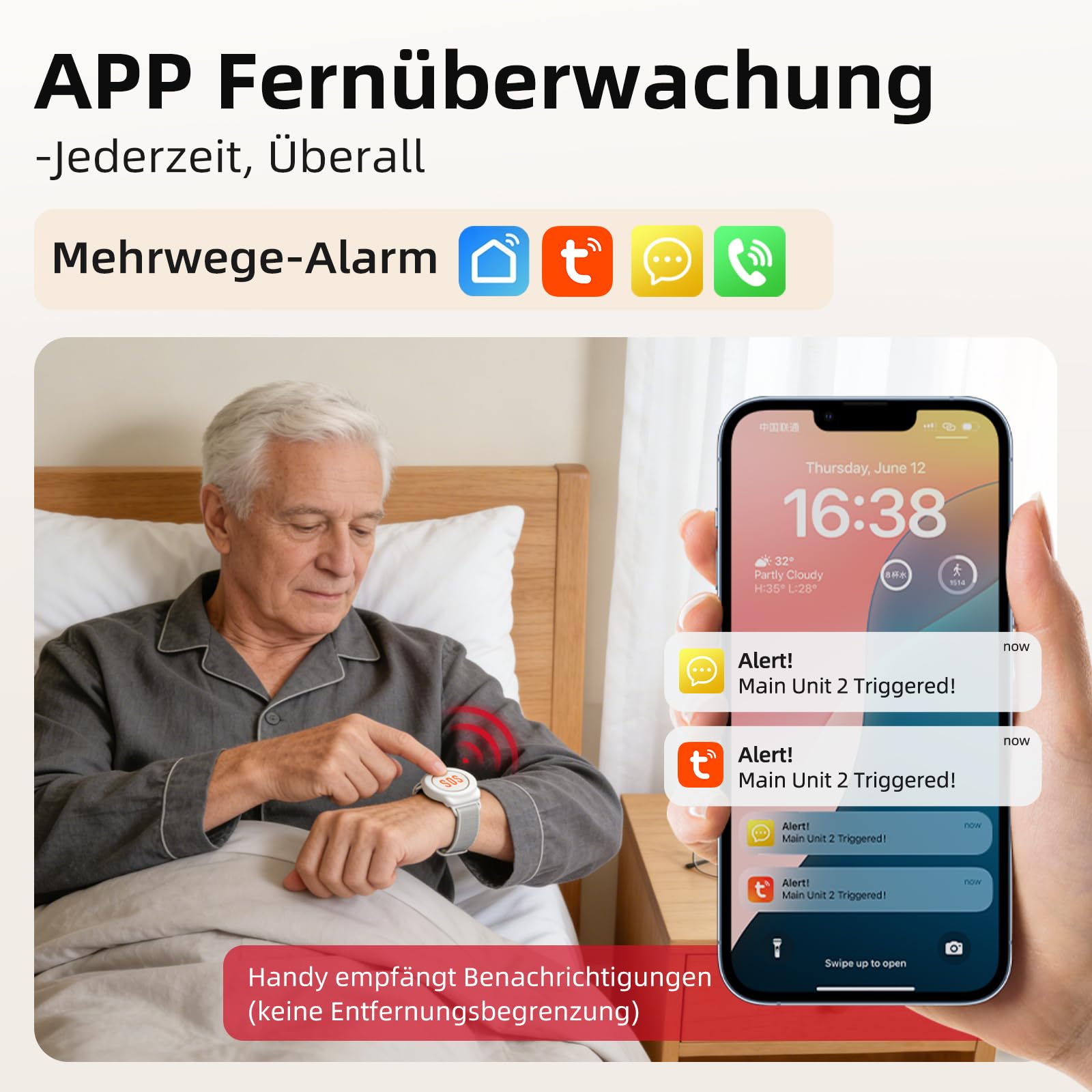 CallToU Botón de emergencia para personas mayores en teléfono móvil, llamada de emergencia para familiares | Notificación de aplicaciones, control de teléfono móvil, varias personas compartidas, pulsera de nailon, sistema ampliable
