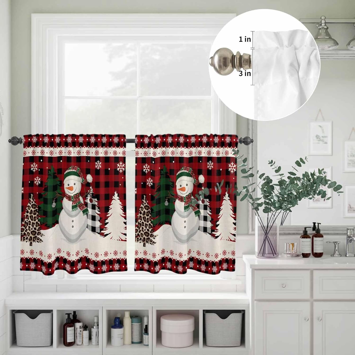 Christmas Snowman Valance and Tier Set of 3,Xmas Tree Window Curtain Rod Pocket Vlances for Kitchen,Retro Red Buffalo Plaid Privacy Panel Drapes Light Filtering Short Curtains for Bedroom