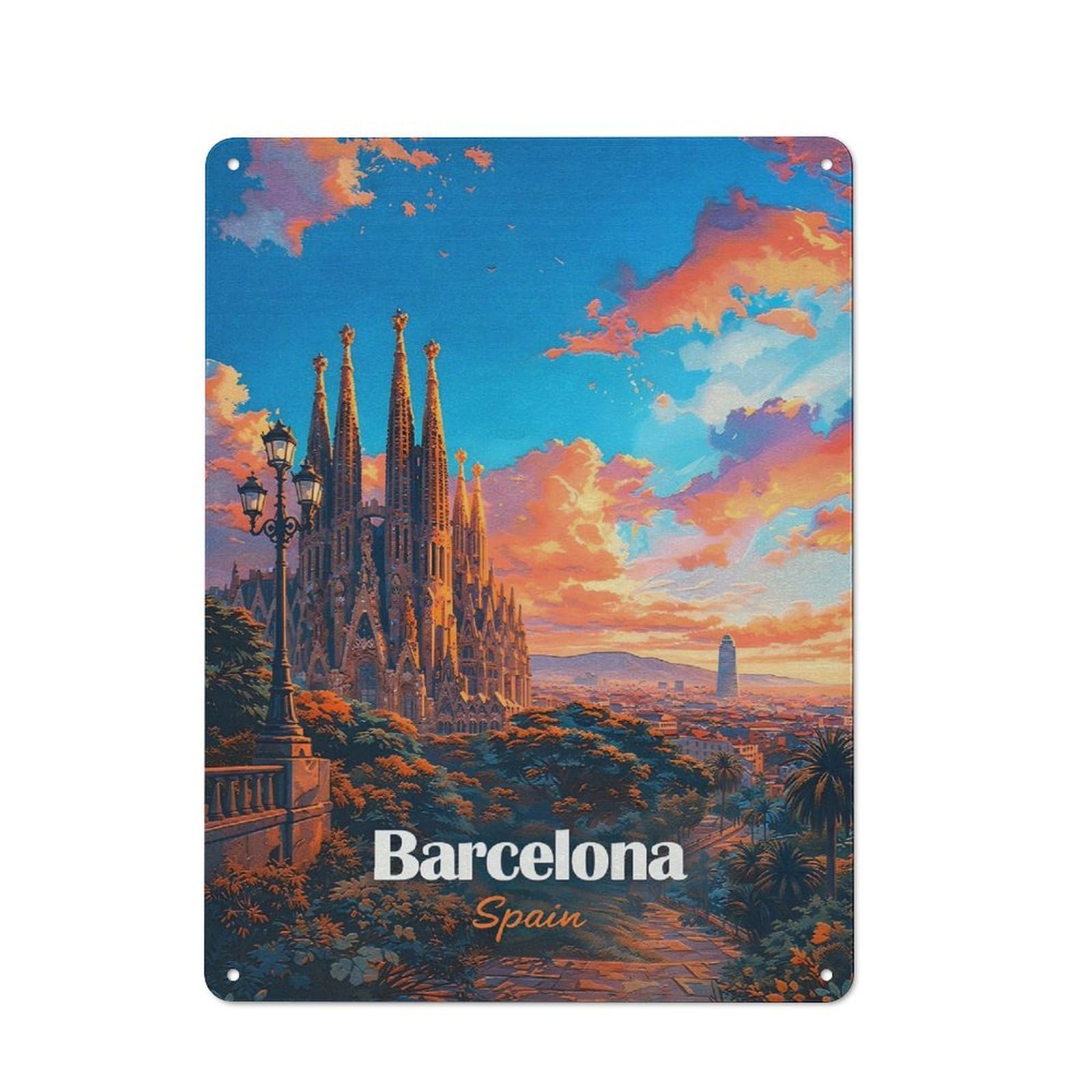 Classic Barcelona Sagrada Familia Sunset Metal Wall Plaque 40x30cm, Nostalgic Wall Art for Living Room, Hallway, Kitchen Or Cafe