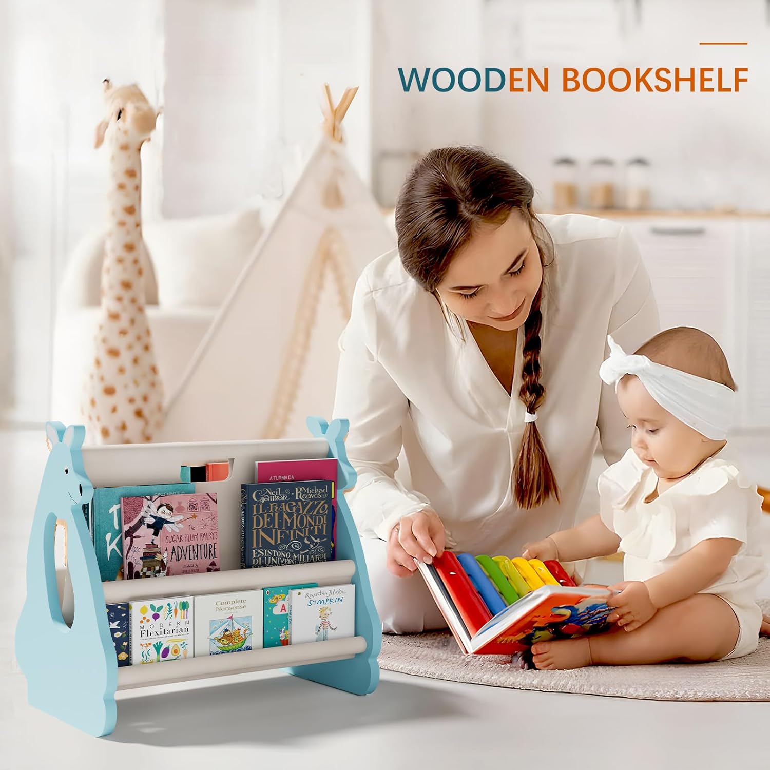 Double Sided Kids Bookshelf – 2 Tier Portable Toddler Bookshelf, Book Shelf for Kids Rooms & Playroom, Cute Kangaroo Design Wooden Montessori Baby Bookshelf,Toddler Book Display Shelves,Blue