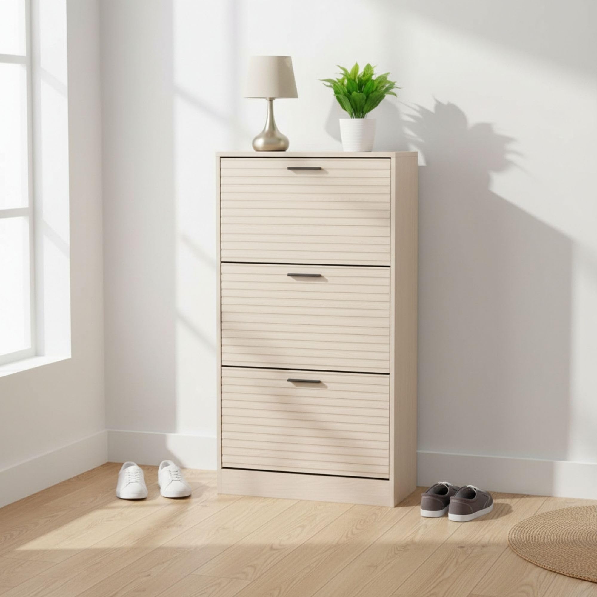 INDE MOBLEKIT | Zapatero 3 Niveles 60×24×115 cm Acabado Slat, Mueble Zapatero Entrada Estrecho con Puertas Abatibles, Organizador de Zapatos para Recibidor o Dormitorio
