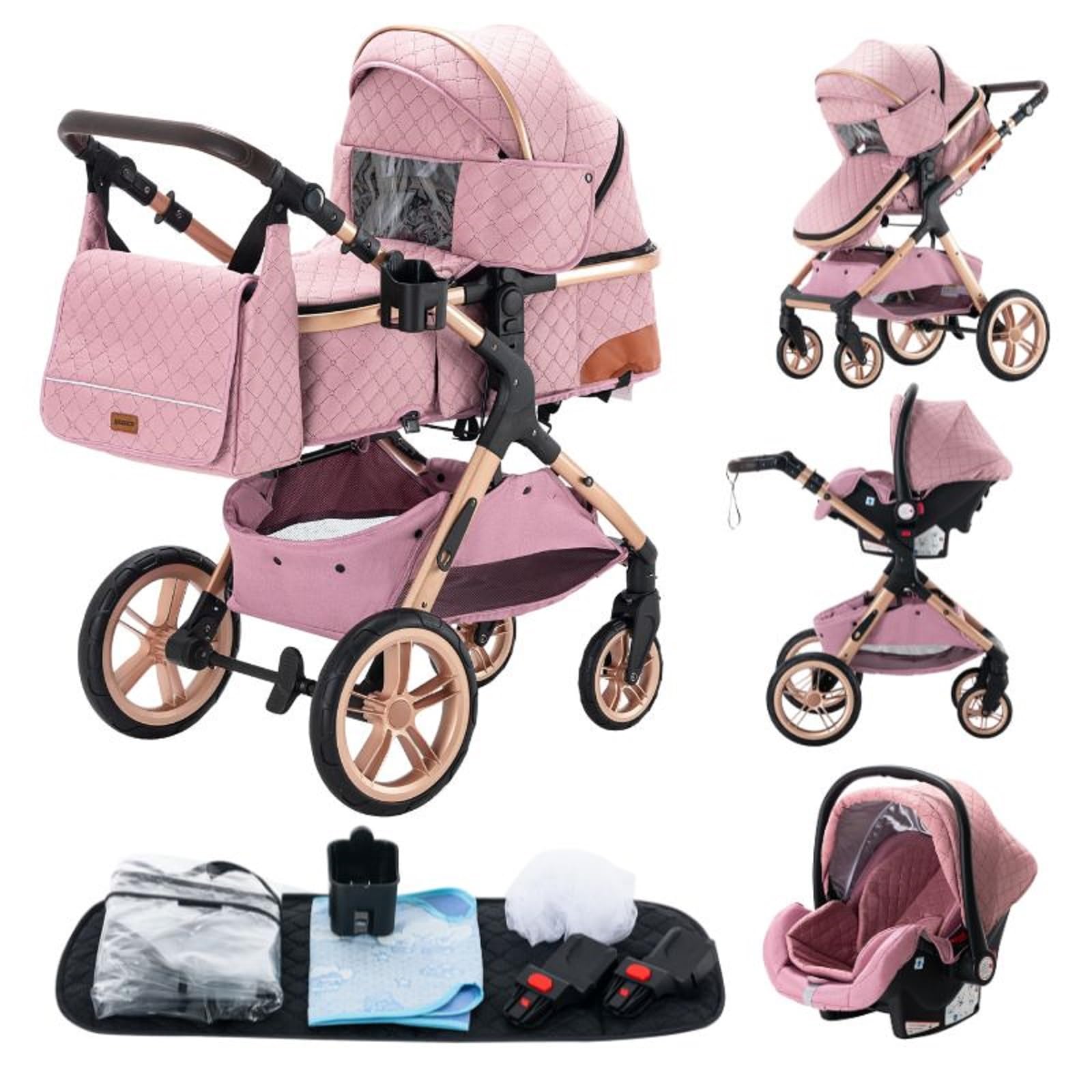 Passeggino 3 pezzi, carrozzina, passeggino 3 in 1, passeggino, sistema da viaggio, pieghevole, pneumatici in gomma, con accessori, Gondola, Adaptateurs, 25 kg (XX1 Rosa)
