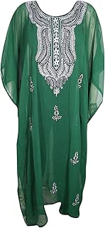 Mogul Interior Womens Caftan Maxi Dress Embellished Georgette Resort Wear Forest Green Kaftan OneSize